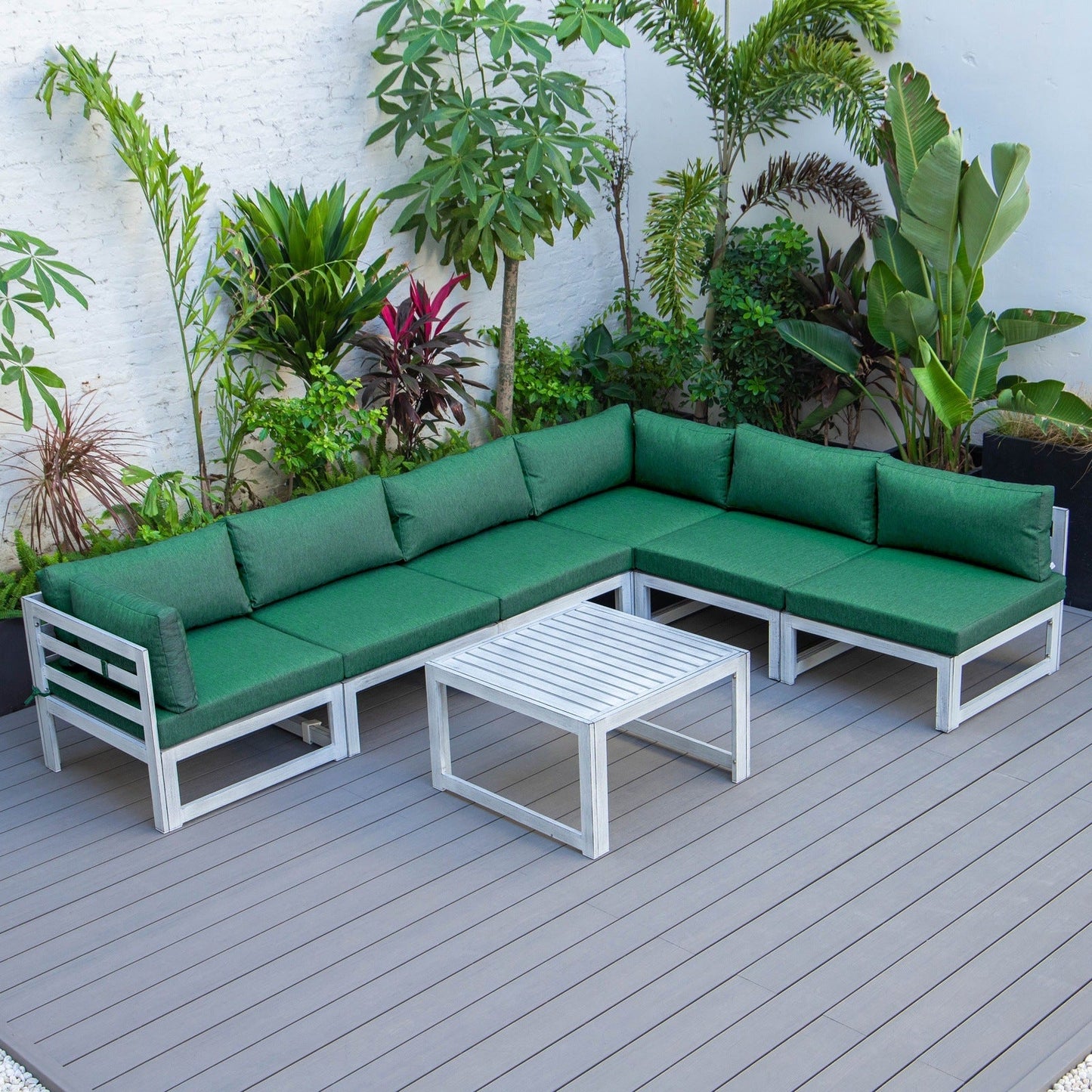Chelsea 7-Piece Patio Sectional And Coffee Table Set In Weathered Grey Aluminum With Cushions