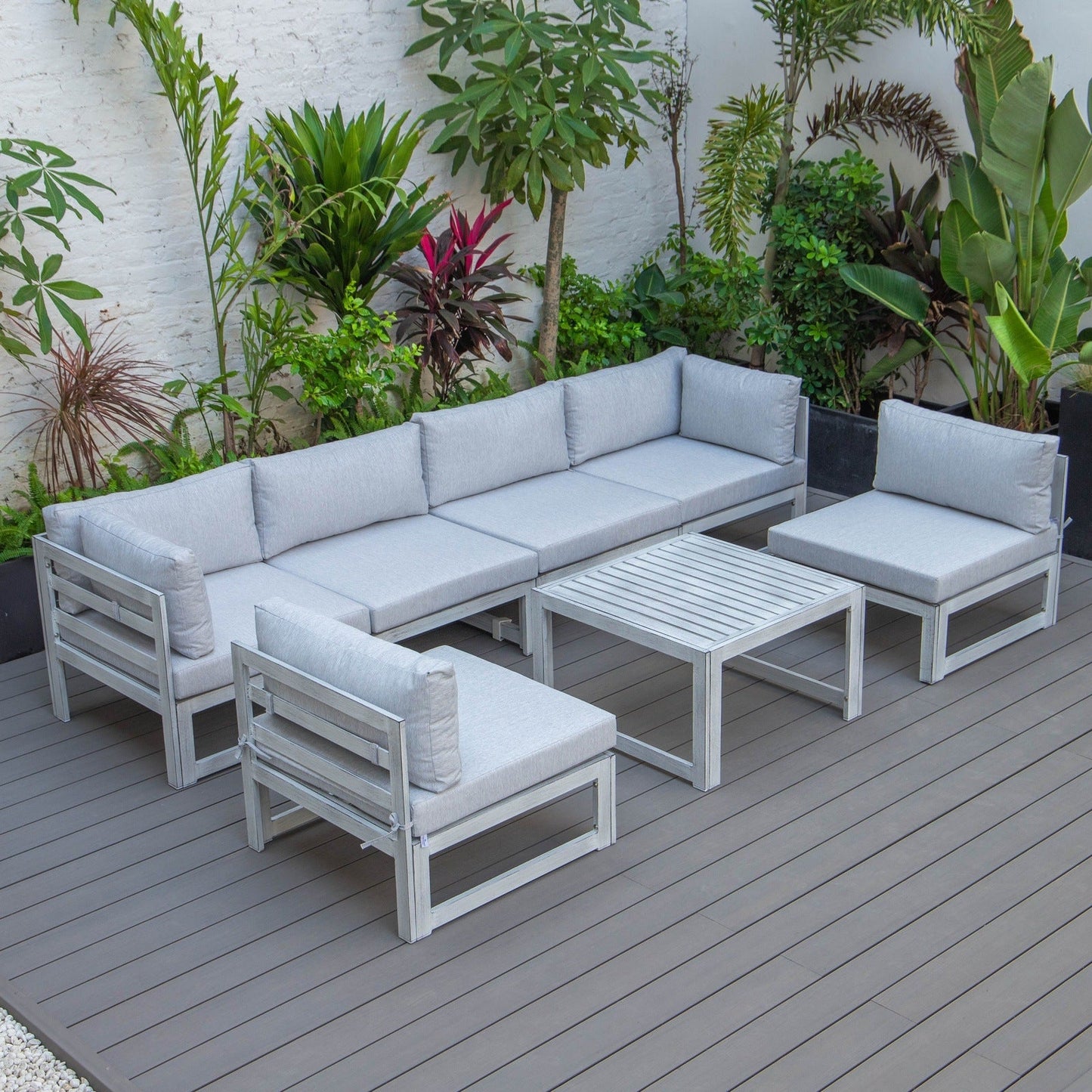Chelsea 7-Piece Patio Sectional And Coffee Table Set In Weathered Grey Aluminum With Cushions