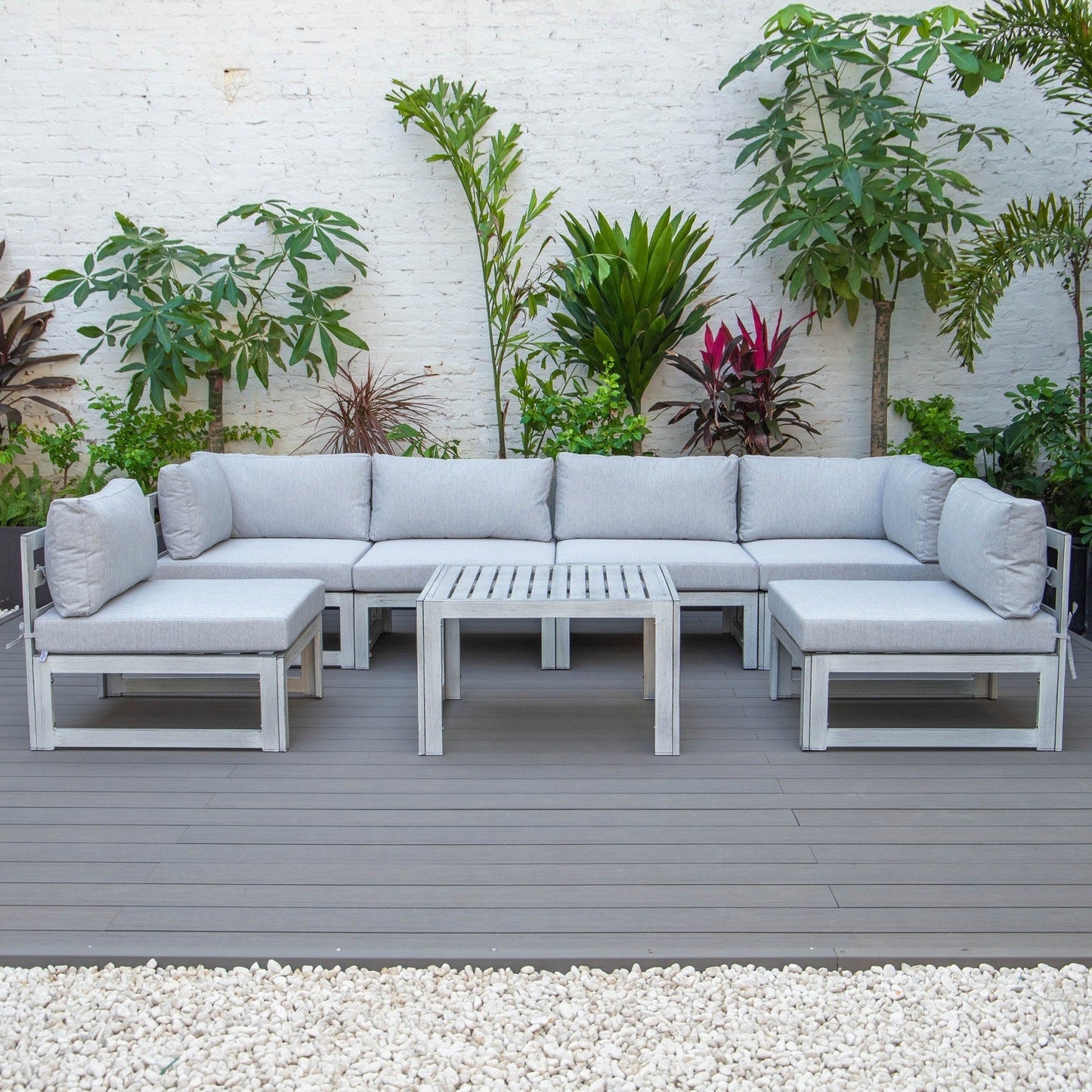 Chelsea 7-Piece Patio Sectional And Coffee Table Set In Weathered Grey Aluminum With Cushions