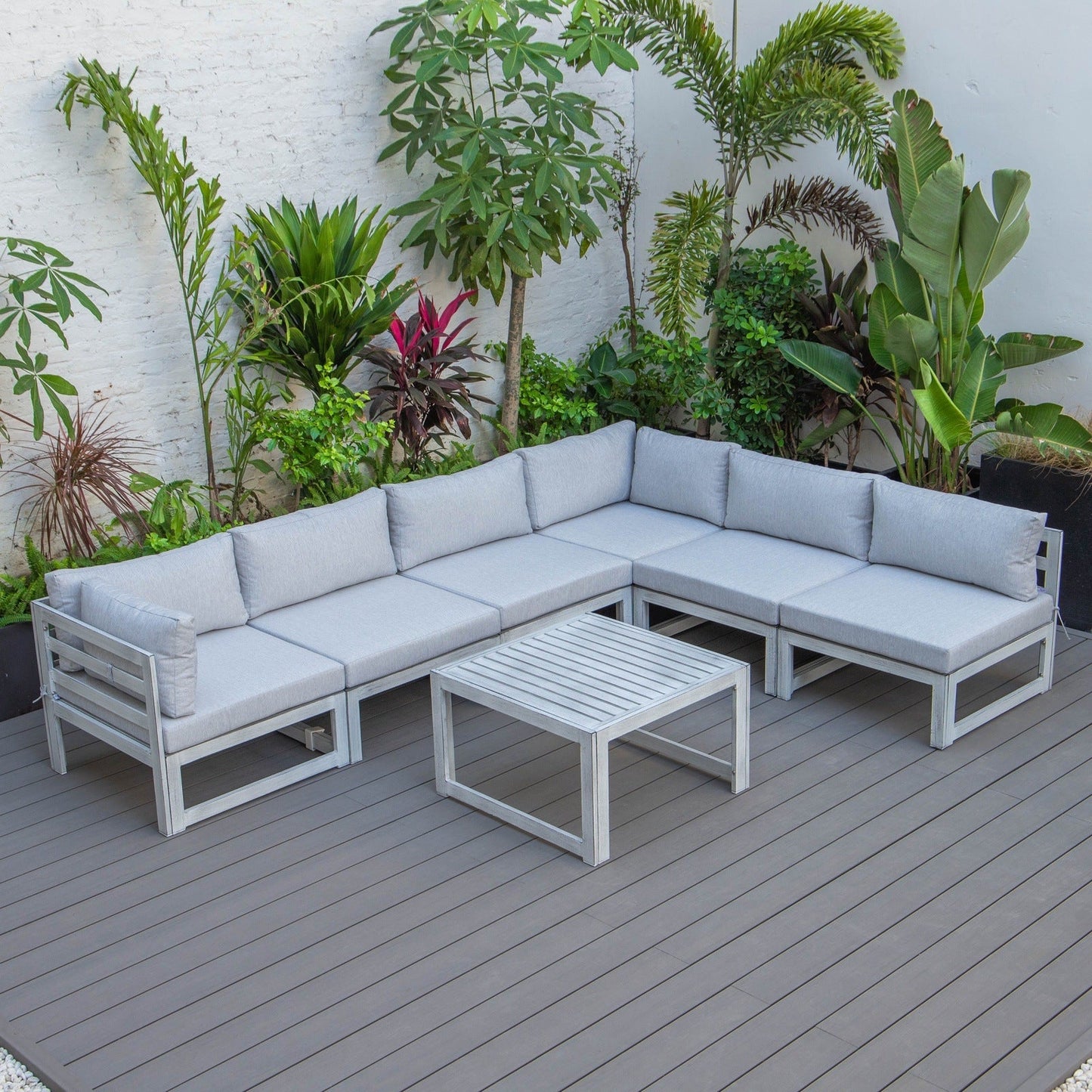 Chelsea 7-Piece Patio Sectional And Coffee Table Set In Weathered Grey Aluminum With Cushions