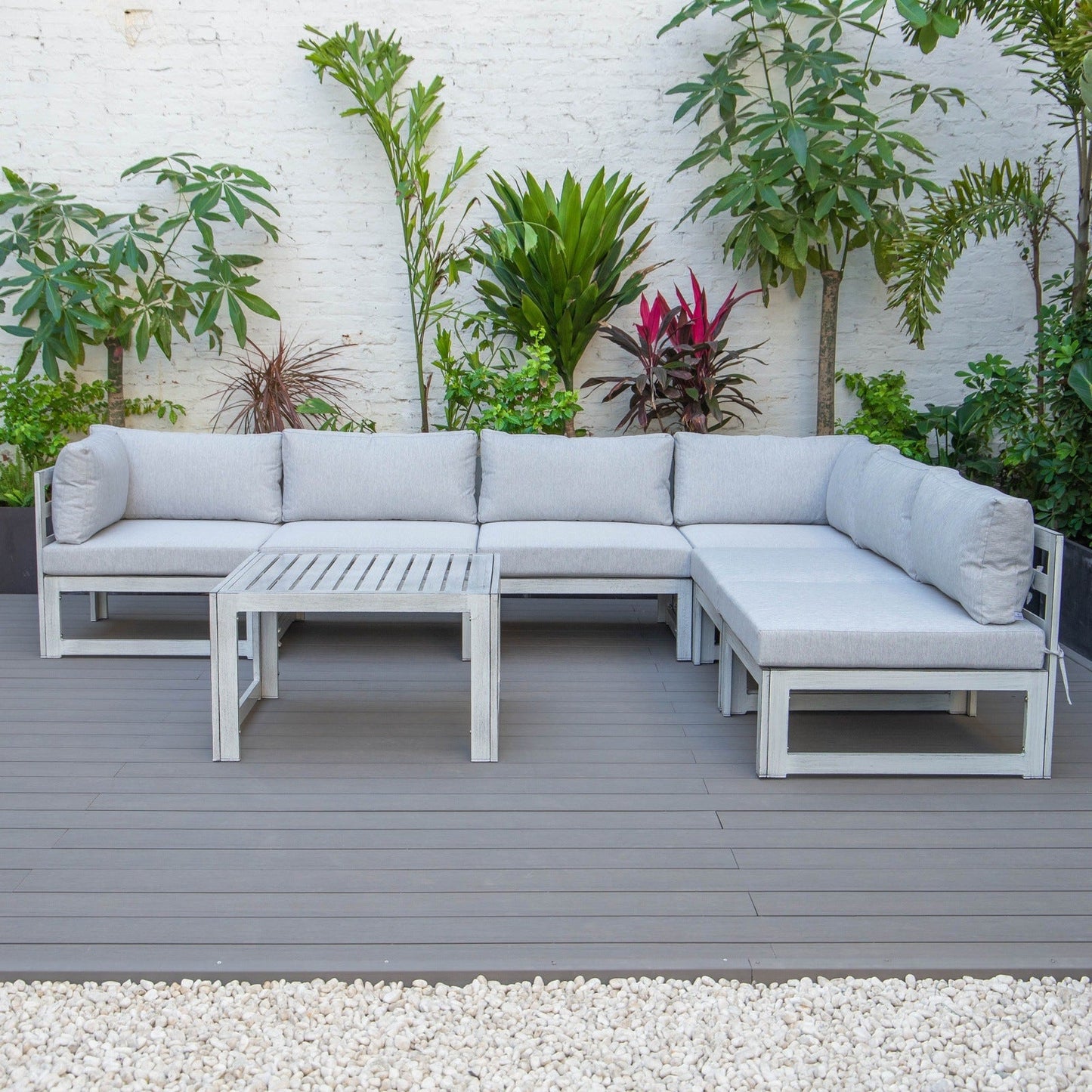 Chelsea 7-Piece Patio Sectional And Coffee Table Set In Weathered Grey Aluminum With Cushions
