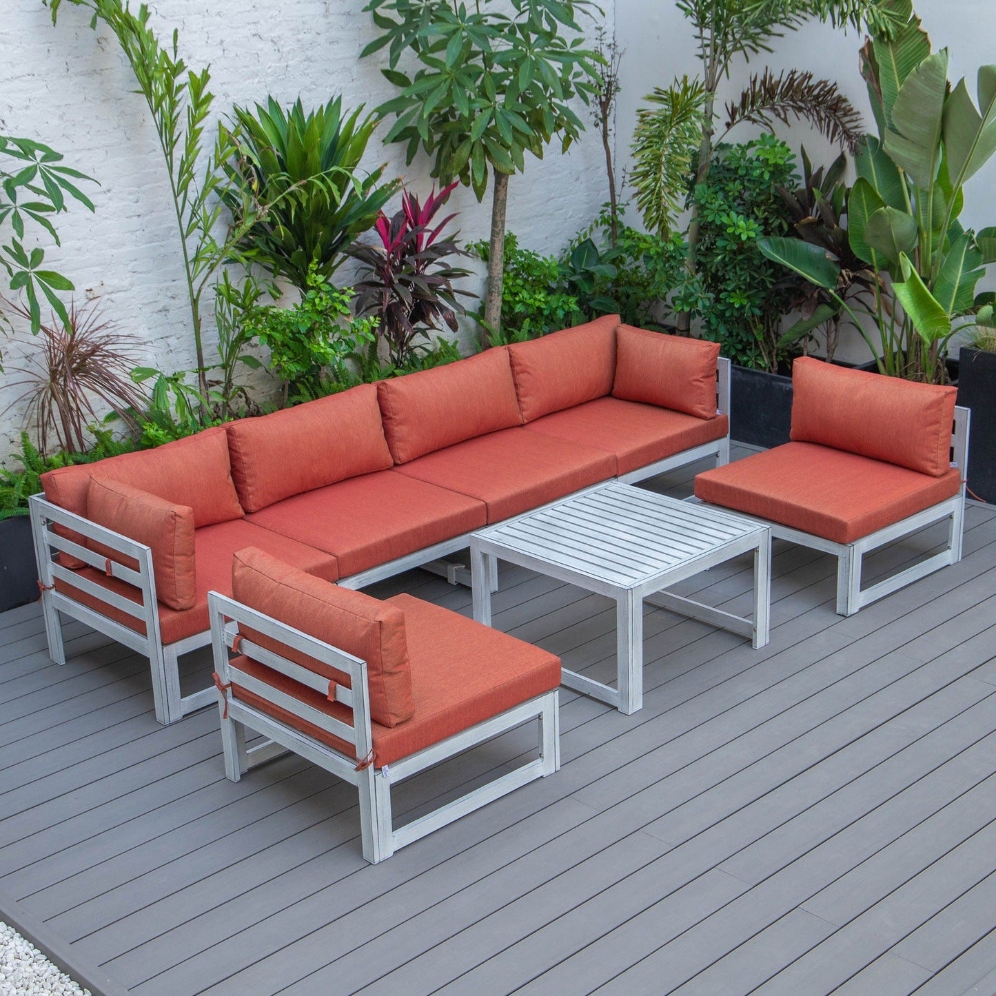 Chelsea 7-Piece Patio Sectional And Coffee Table Set In Weathered Grey Aluminum With Cushions