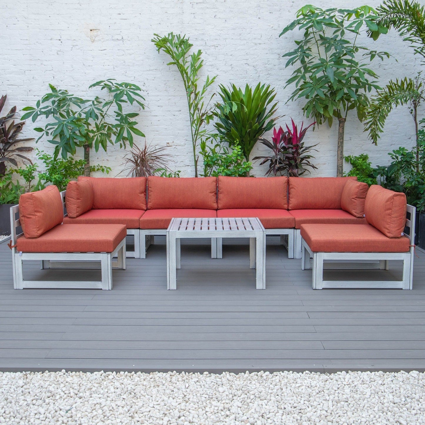 Chelsea 7-Piece Patio Sectional And Coffee Table Set In Weathered Grey Aluminum With Cushions