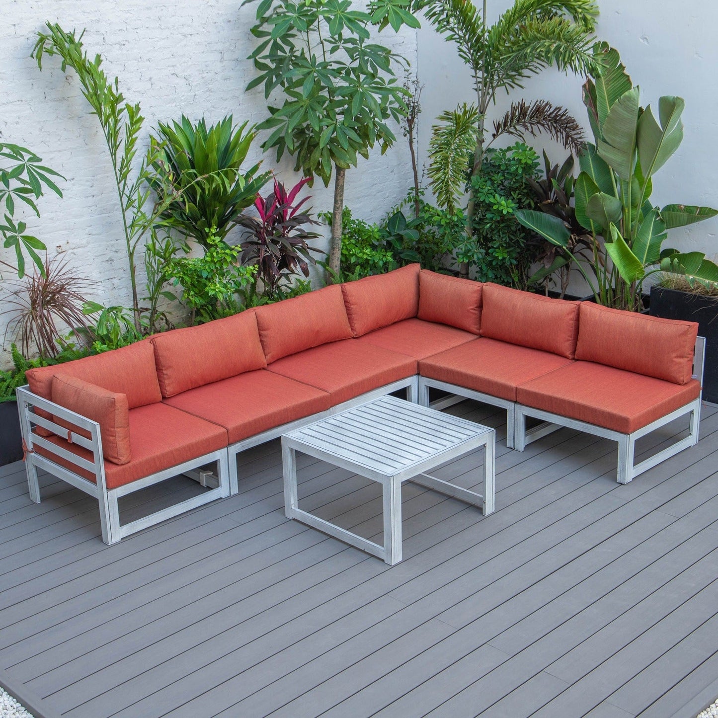 Chelsea 7-Piece Patio Sectional And Coffee Table Set In Weathered Grey Aluminum With Cushions