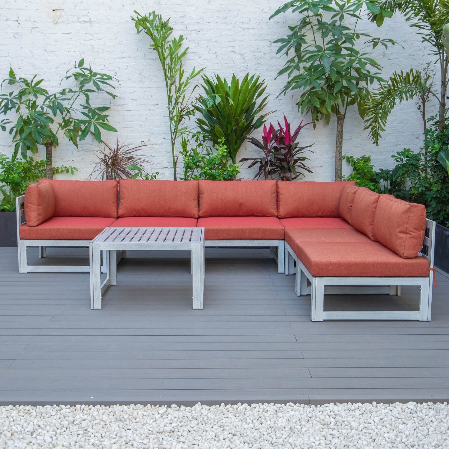 Chelsea 7-Piece Patio Sectional And Coffee Table Set In Weathered Grey Aluminum With Cushions