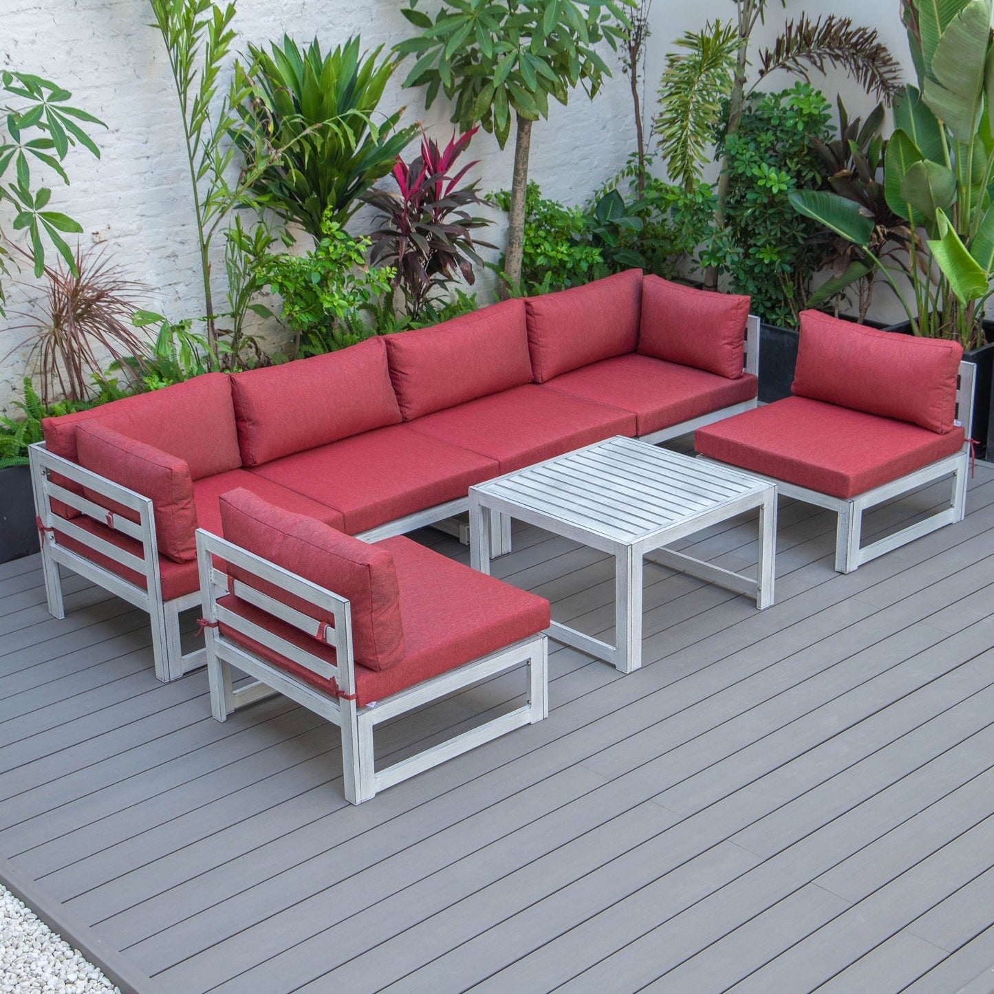 Chelsea 7-Piece Patio Sectional And Coffee Table Set In Weathered Grey Aluminum With Cushions