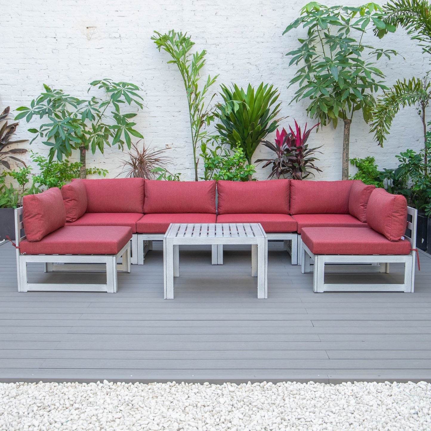 Chelsea 7-Piece Patio Sectional And Coffee Table Set In Weathered Grey Aluminum With Cushions