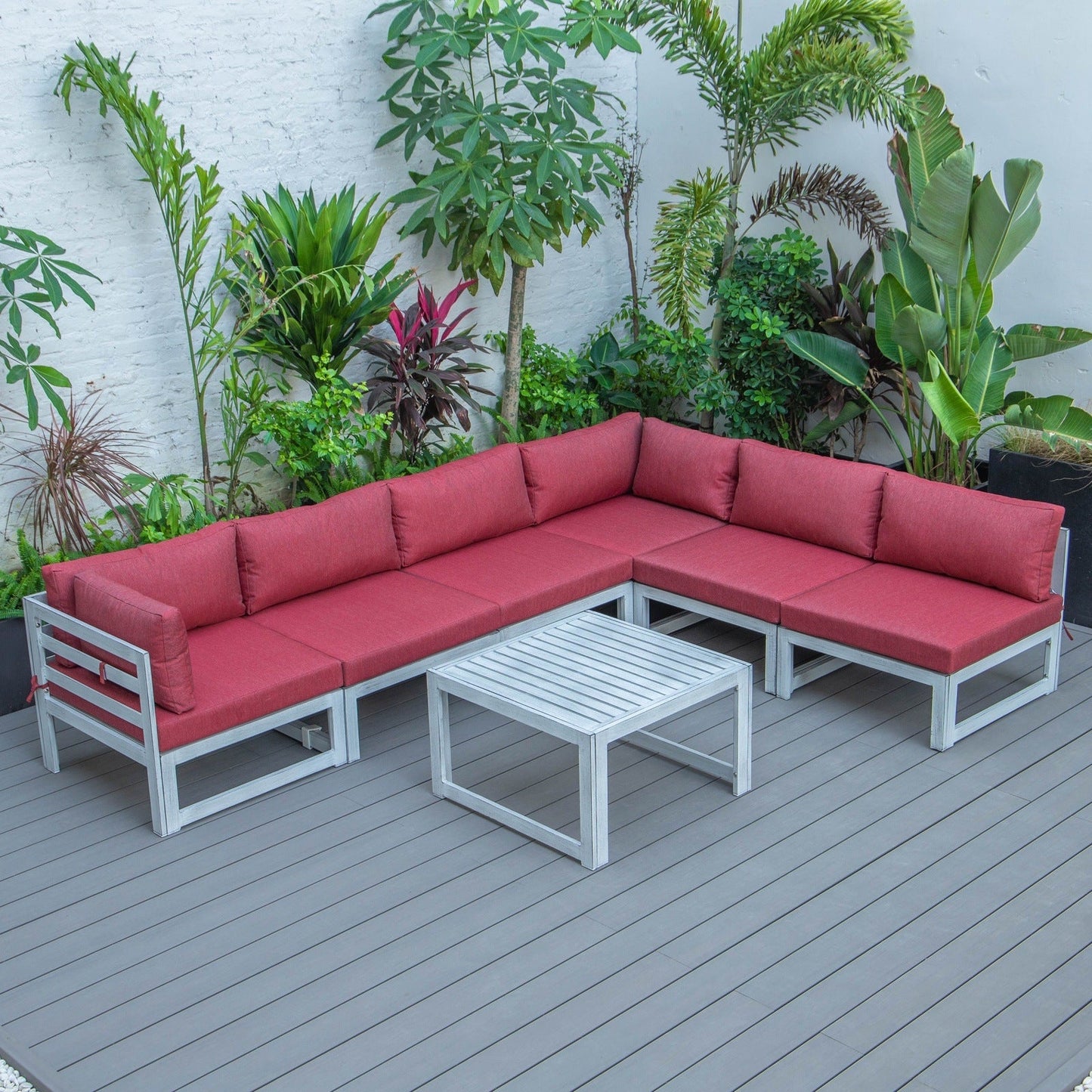 Chelsea 7-Piece Patio Sectional And Coffee Table Set In Weathered Grey Aluminum With Cushions