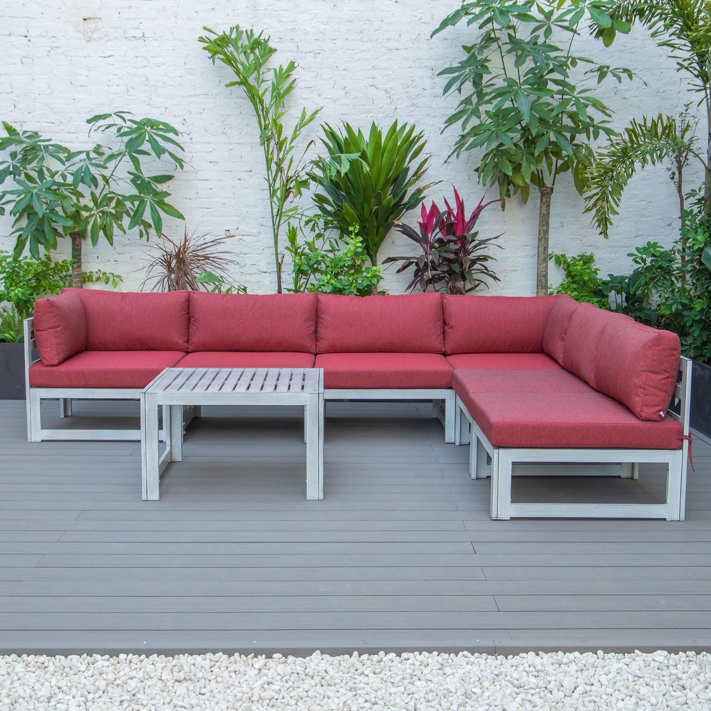 Chelsea 7-Piece Patio Sectional And Coffee Table Set In Weathered Grey Aluminum With Cushions