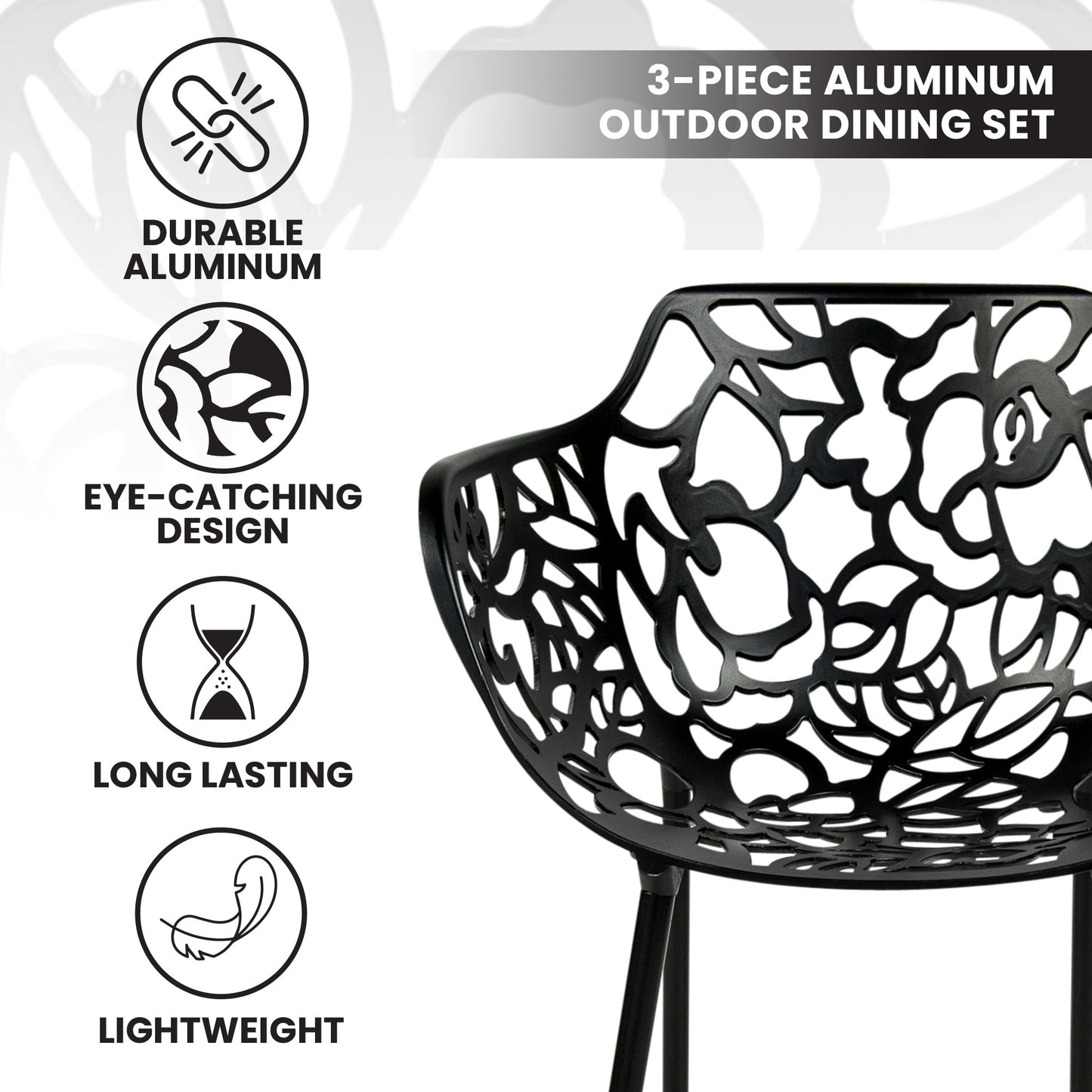 Devon 3-Piece Patio Dining Set: Aluminum Table with Glass Top & 2 Flower Arm Chairs