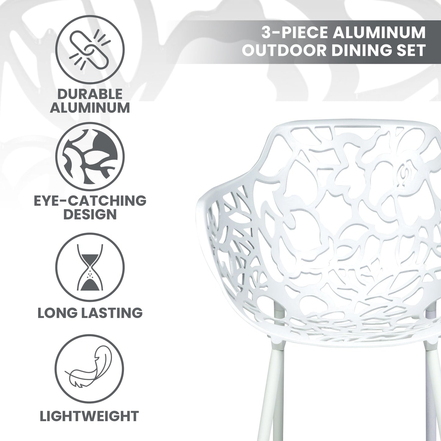 Devon 3-Piece Patio Dining Set: Aluminum Table with Glass Top & 2 Flower Arm Chairs