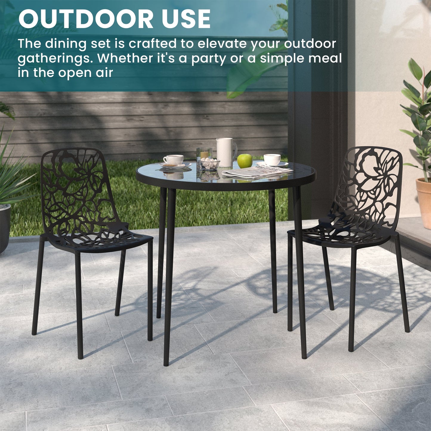 Devon 3-Piece Patio Dining Set: Aluminum Table with Glass Top & 2 Stackable Flower Chairs