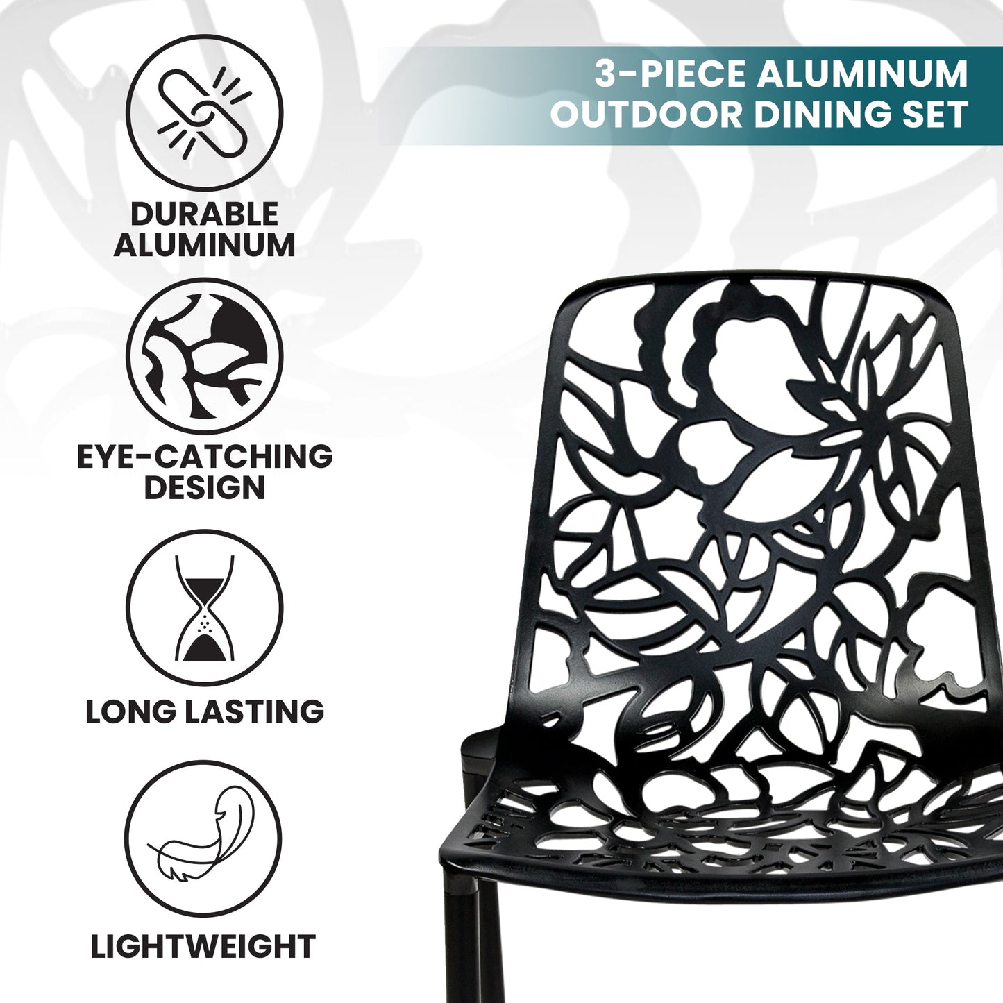 Devon 3-Piece Patio Dining Set: Aluminum Table with Glass Top & 2 Stackable Flower Chairs