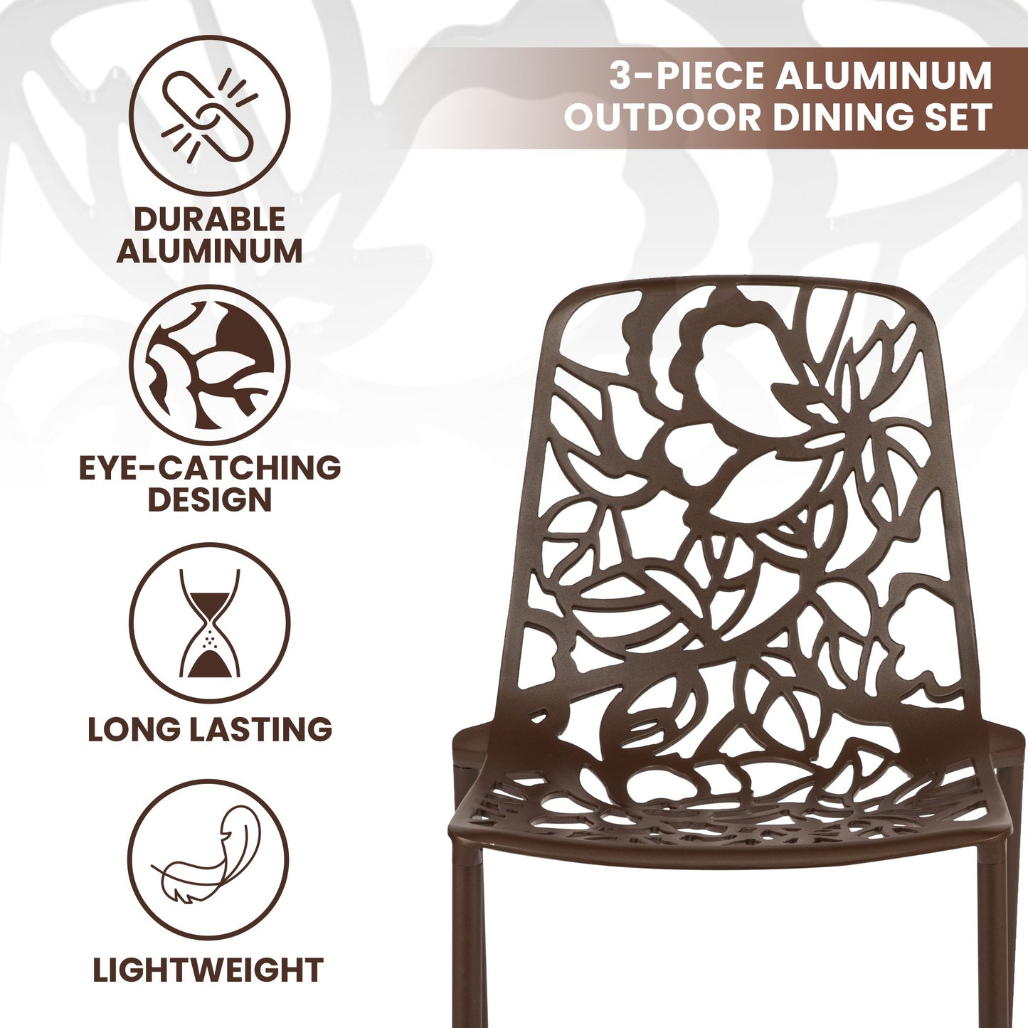 Devon 3-Piece Patio Dining Set: Aluminum Table with Glass Top & 2 Stackable Flower Chairs