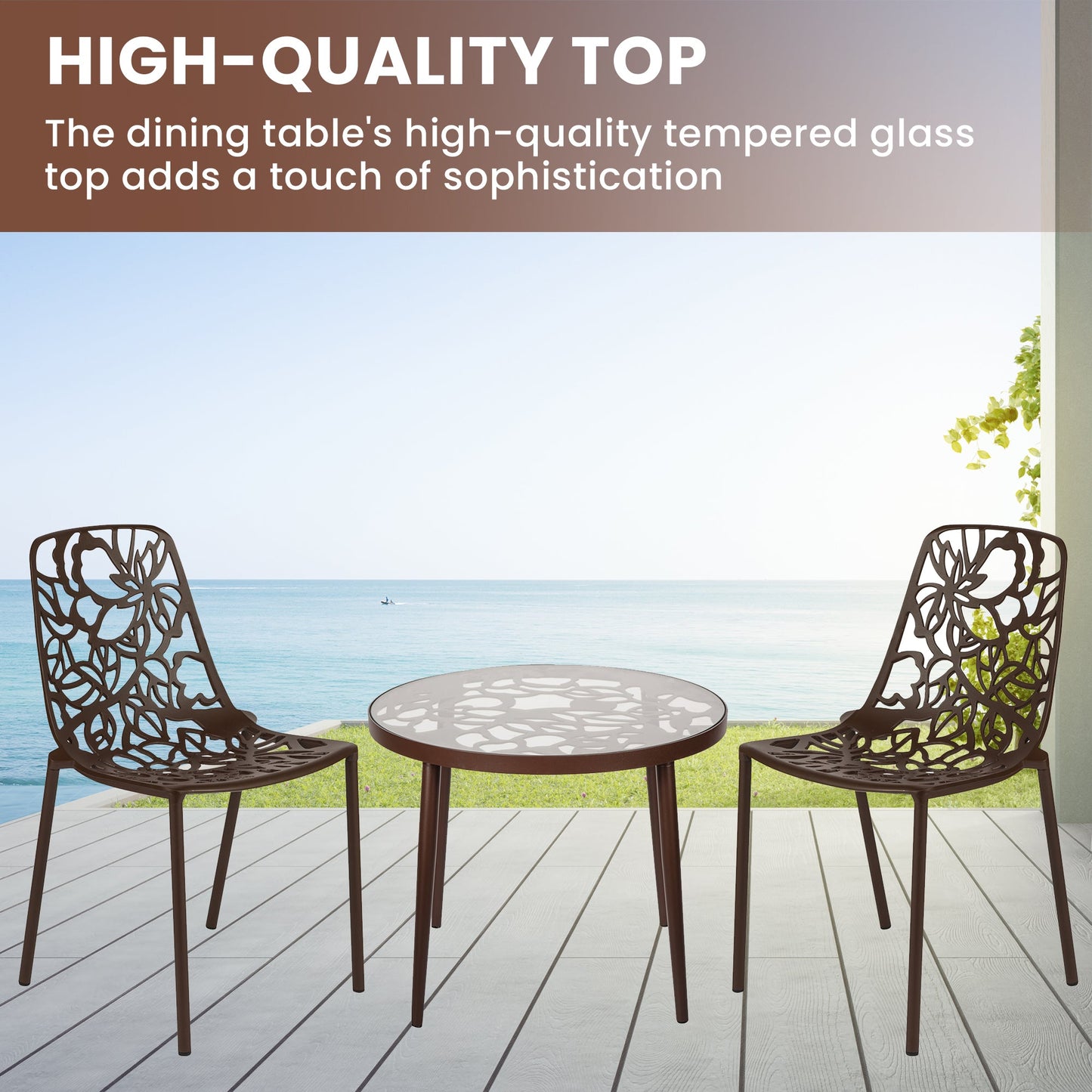Devon 3-Piece Patio Dining Set: Aluminum Table with Glass Top & 2 Stackable Flower Chairs