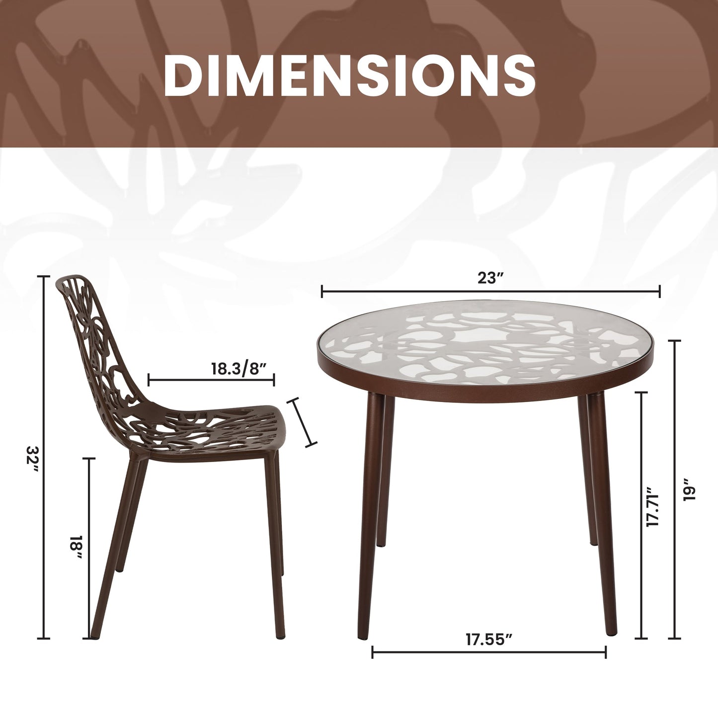 Devon 3-Piece Patio Dining Set: Aluminum Table with Glass Top & 2 Stackable Flower Chairs
