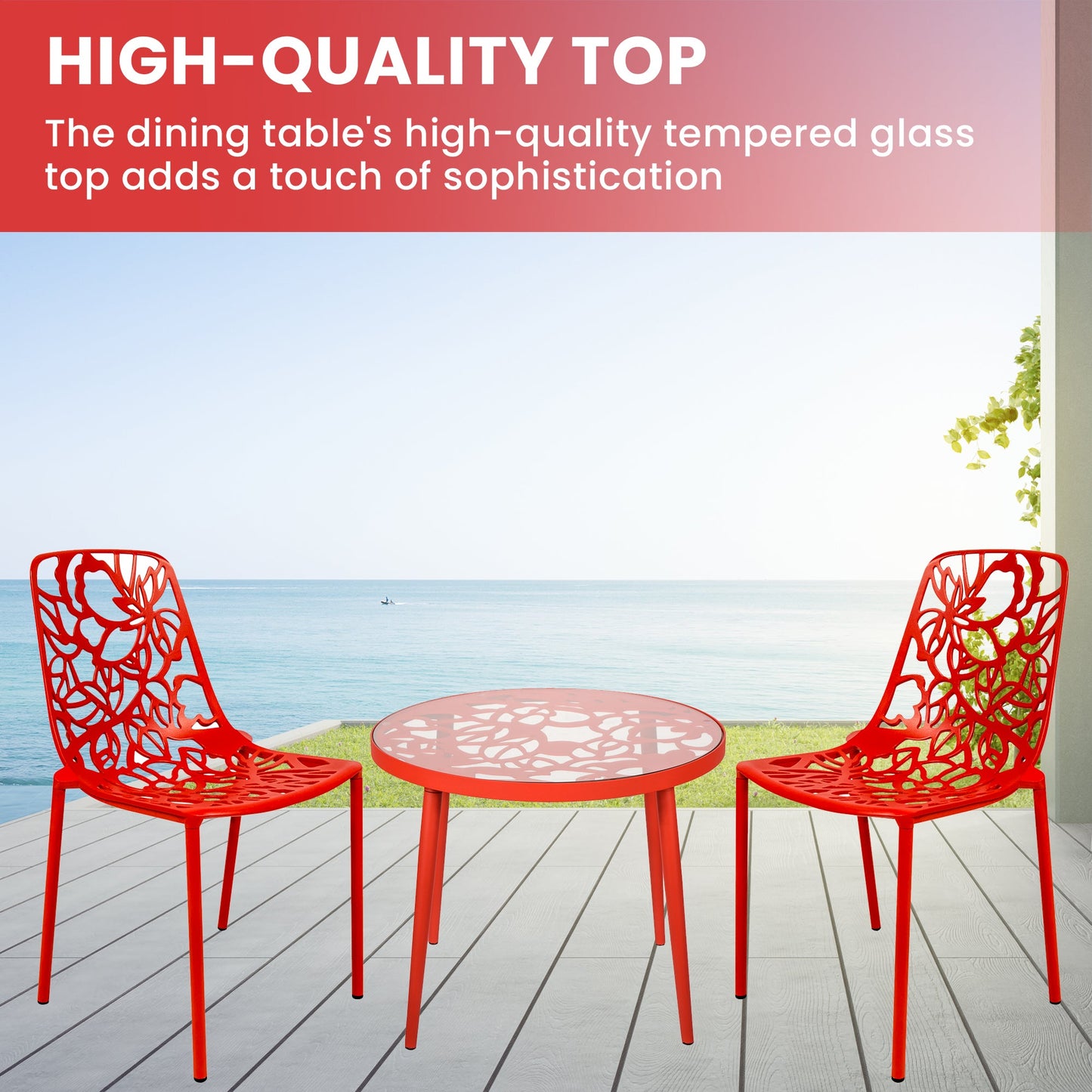 Devon 3-Piece Patio Dining Set: Aluminum Table with Glass Top & 2 Stackable Flower Chairs