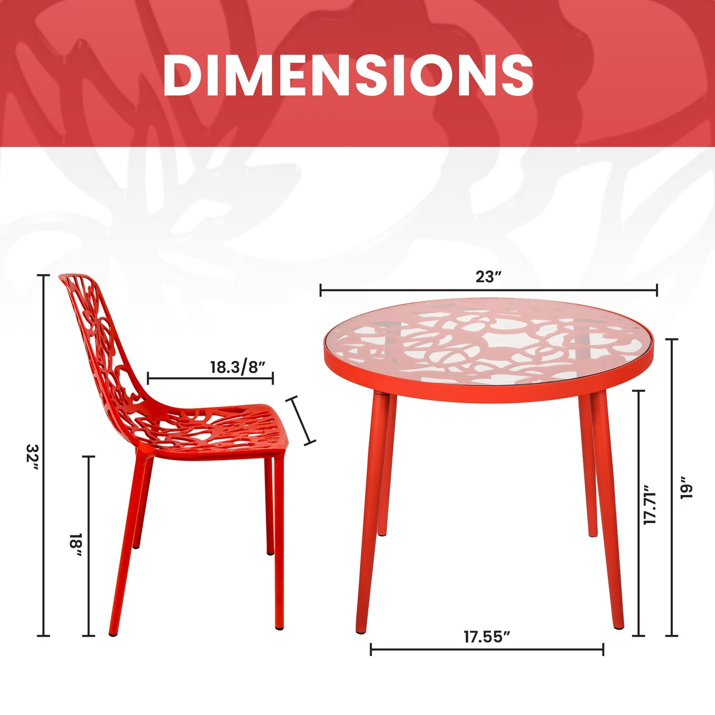 Devon 3-Piece Patio Dining Set: Aluminum Table with Glass Top & 2 Stackable Flower Chairs