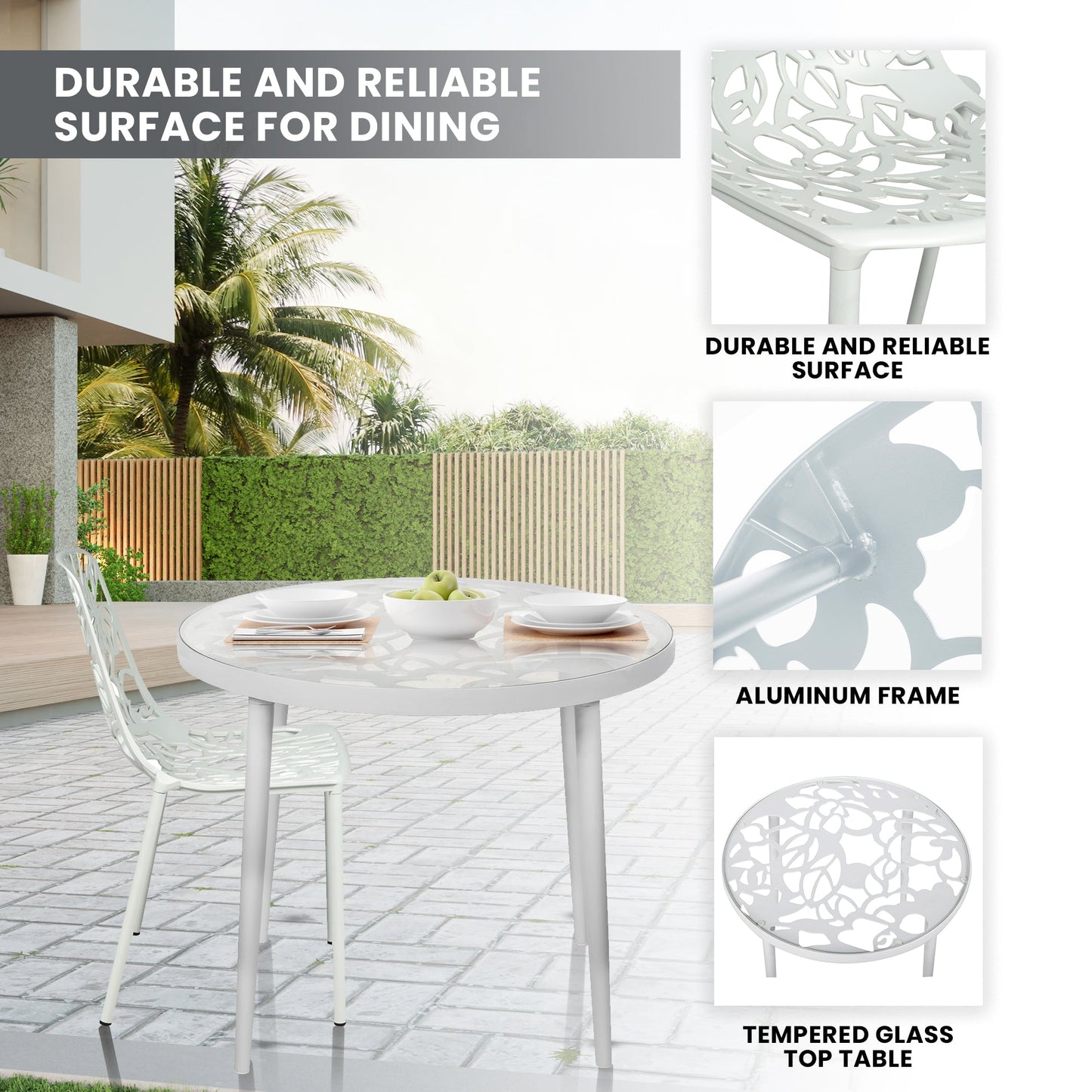 Devon 3-Piece Patio Dining Set: Aluminum Table with Glass Top & 2 Stackable Flower Chairs
