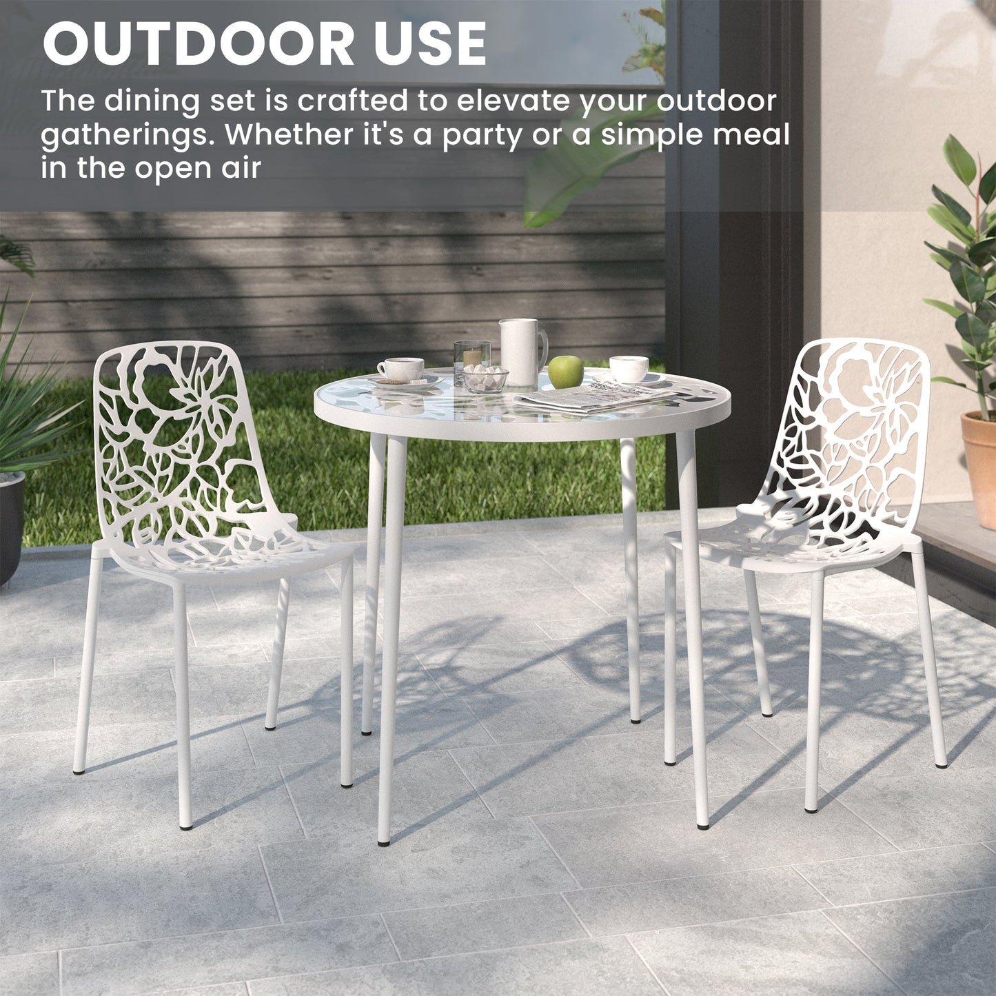 Devon 3-Piece Patio Dining Set: Aluminum Table with Glass Top & 2 Stackable Flower Chairs