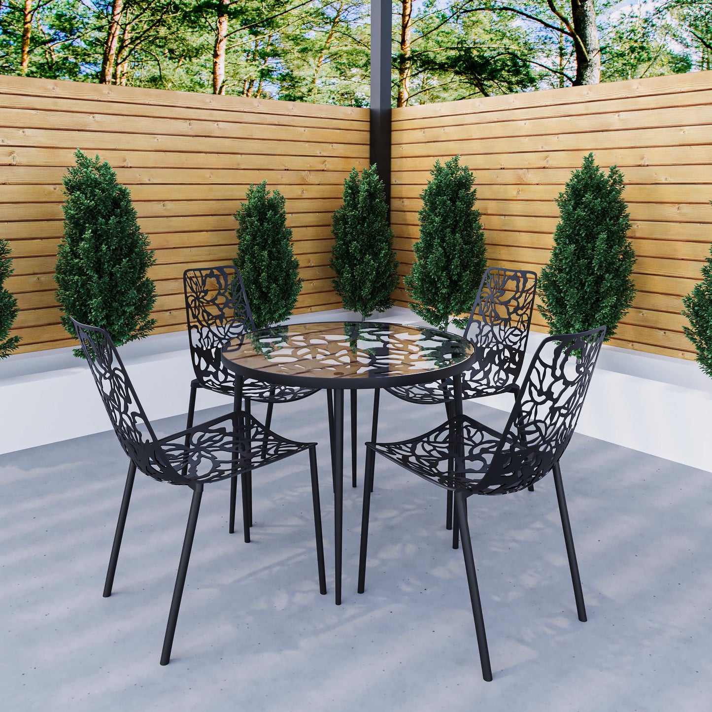 Devon 5-Piece Patio Dining Set: Aluminum Table with Glass Top & 4 Stackable Flower Chairs