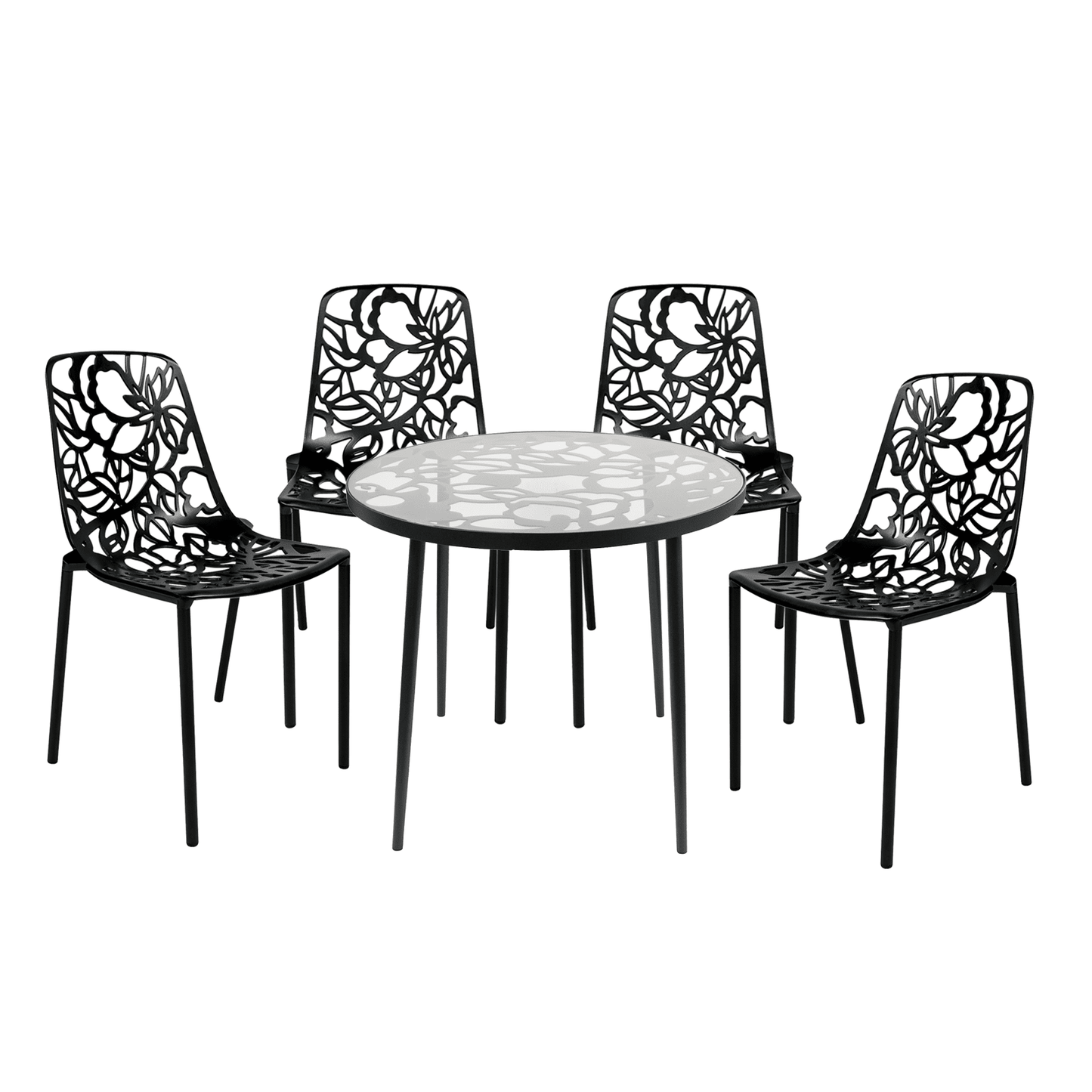 Devon 5-Piece Patio Dining Set: Aluminum Table with Glass Top & 4 Stackable Flower Chairs