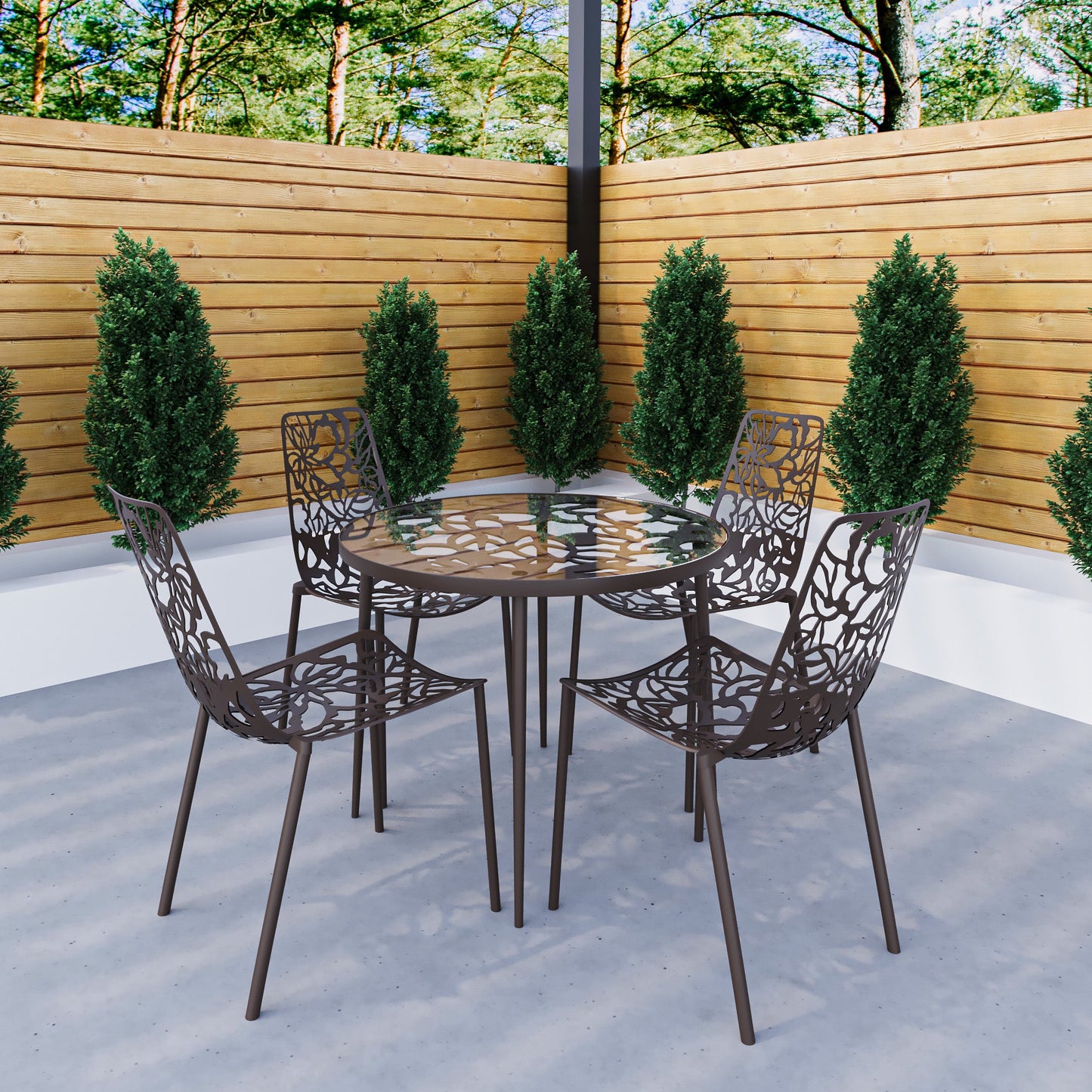 Devon 5-Piece Patio Dining Set: Aluminum Table with Glass Top & 4 Stackable Flower Chairs