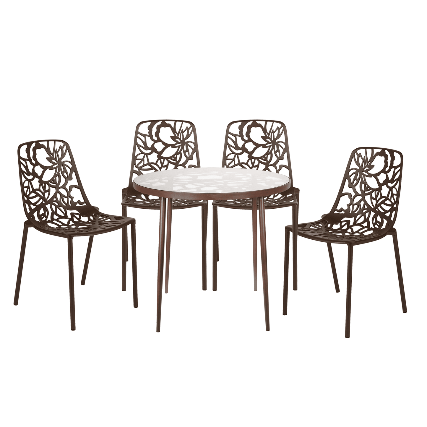 Devon 5-Piece Patio Dining Set: Aluminum Table with Glass Top & 4 Stackable Flower Chairs