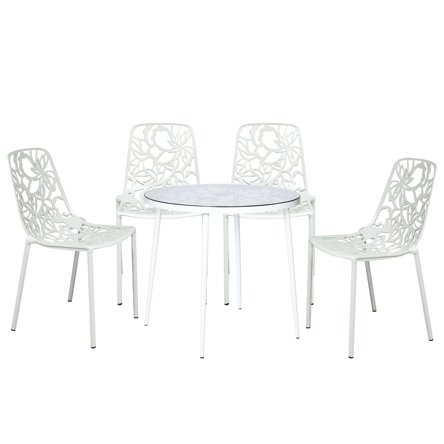 Devon 5-Piece Patio Dining Set: Aluminum Table with Glass Top & 4 Stackable Flower Chairs