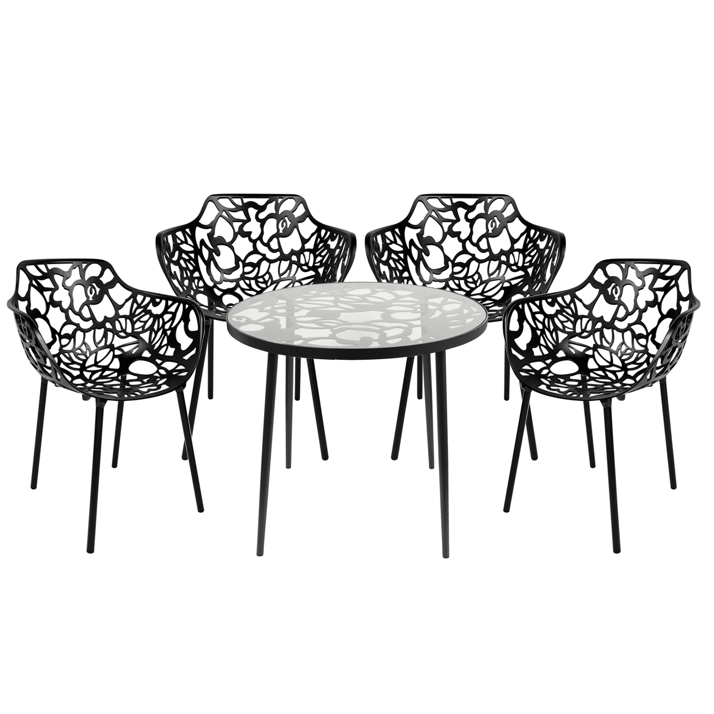 Devon 5-Piece Outdoor Dining Set: Aluminum Table with Glass Top & 4 Flower Armchairs