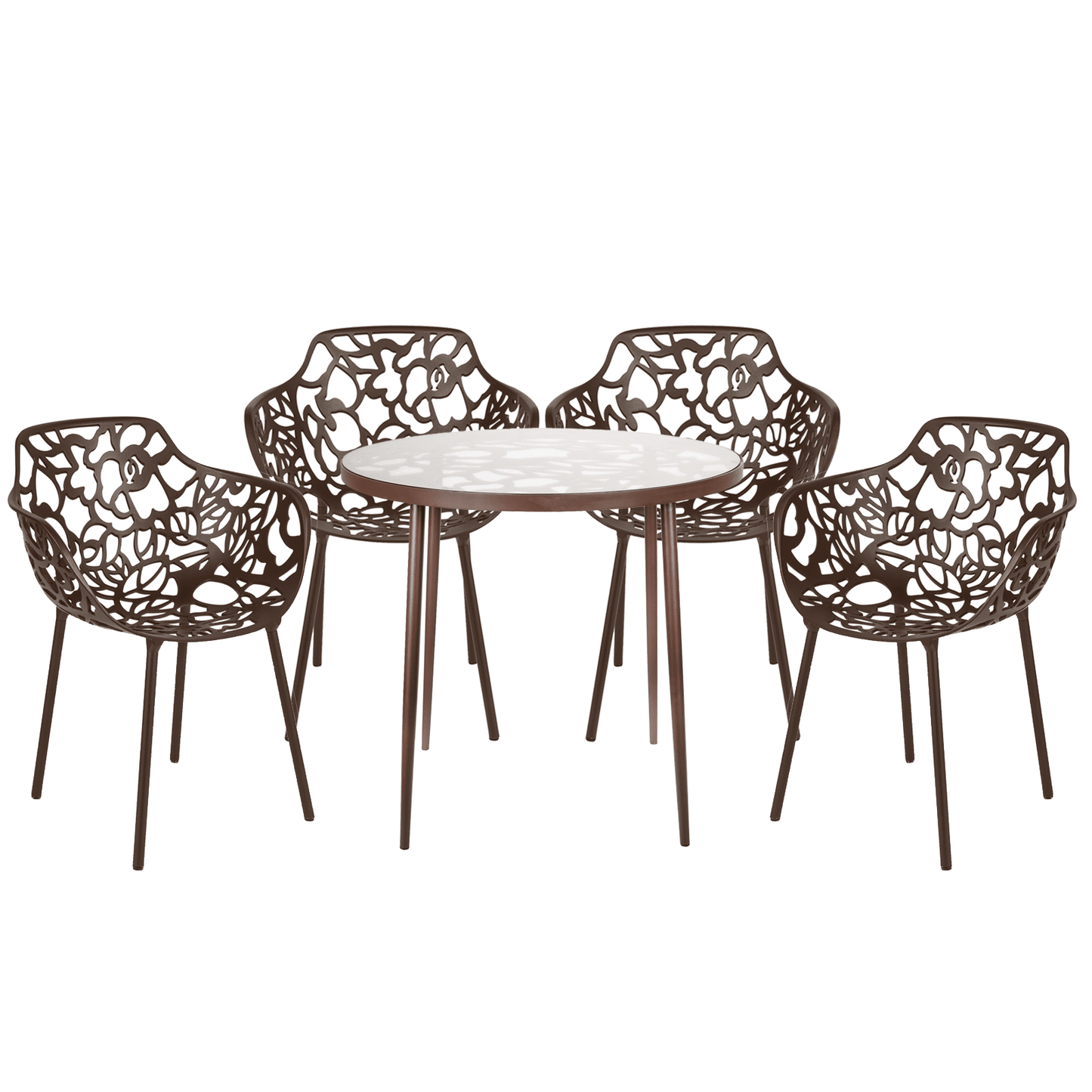 Devon 5-Piece Outdoor Dining Set: Aluminum Table with Glass Top & 4 Flower Armchairs