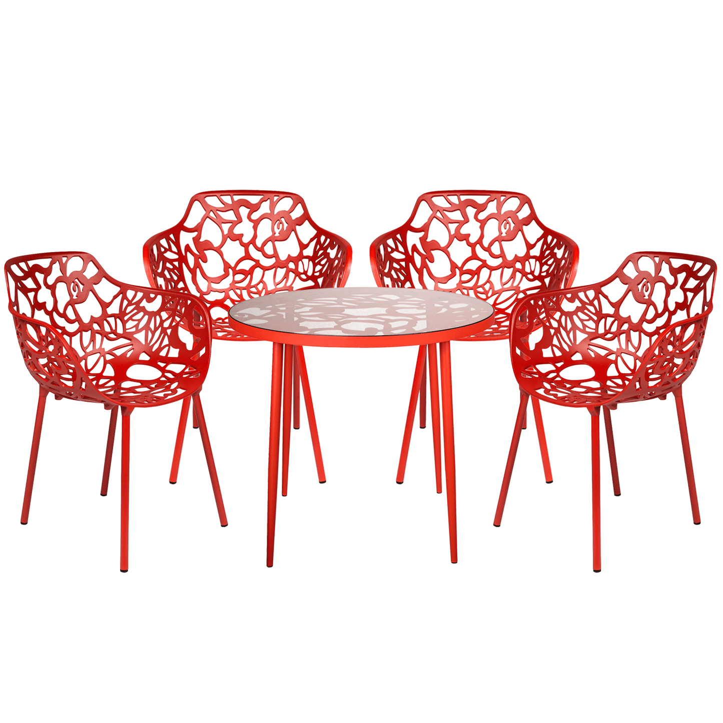 Devon 5-Piece Outdoor Dining Set: Aluminum Table with Glass Top & 4 Flower Armchairs