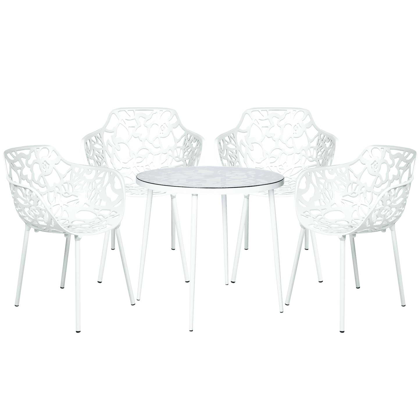 Devon 5-Piece Outdoor Dining Set: Aluminum Table with Glass Top & 4 Flower Armchairs