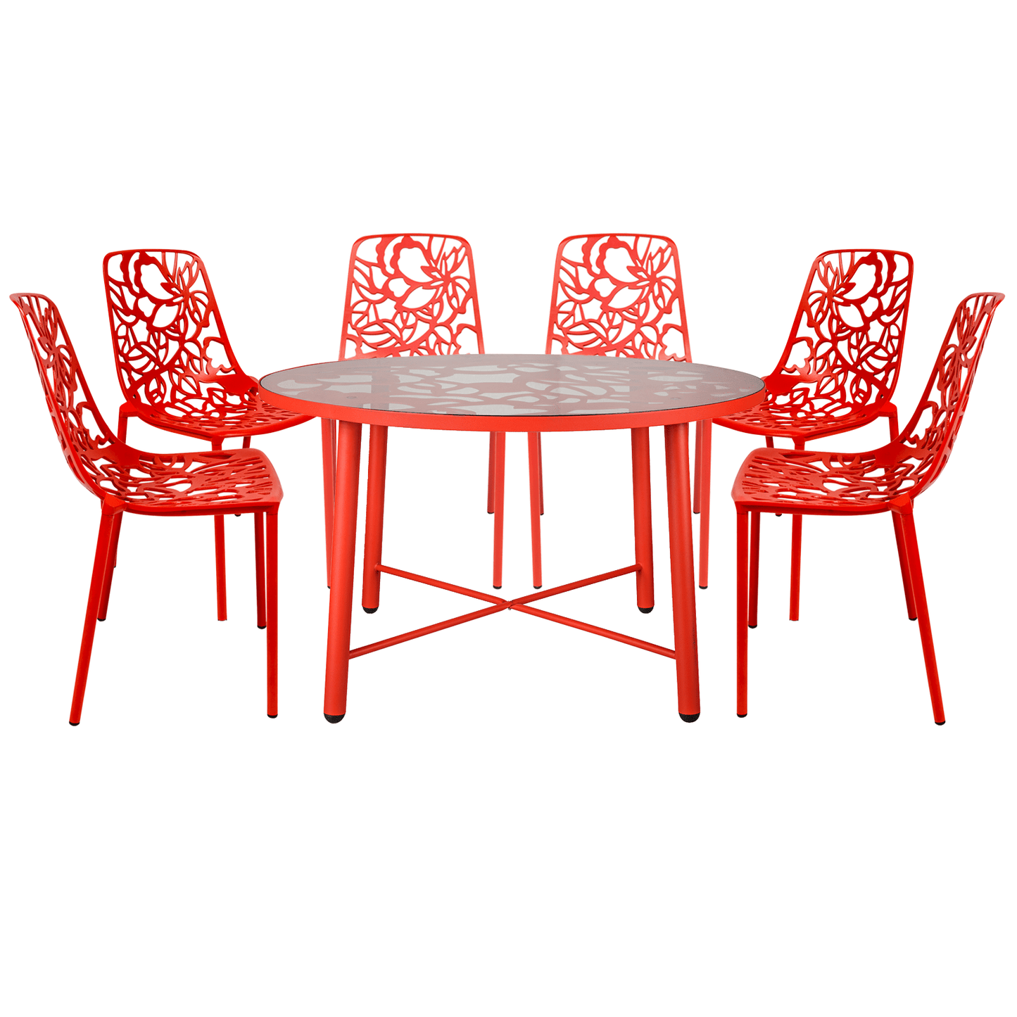 Devon 7-Piece Outdoor Dining Set: Aluminum Table with Glass Top & 6 Stackable Flower Chairs