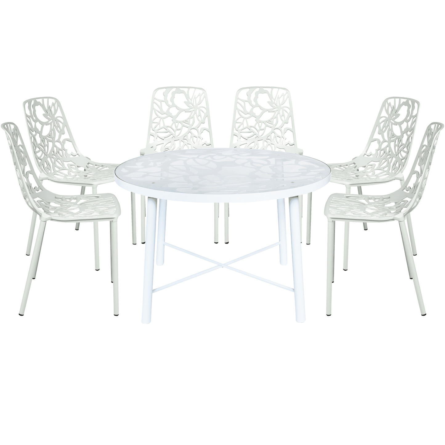Devon 7-Piece Outdoor Dining Set: Aluminum Table with Glass Top & 6 Stackable Flower Chairs