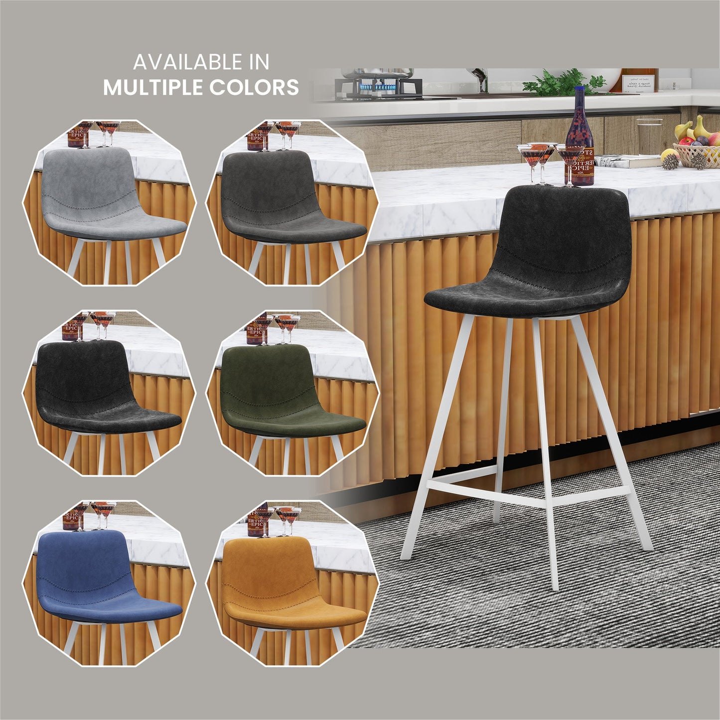 Elland 35” Counter Stool in Leather Padded Seat in White Stainless Steel