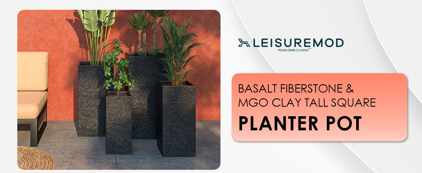 Basalt 4-Piece Fiberstone and MGO Clay Planter Set, Mid-Century Modern Tall Square Planter Pot for Indoor and Outdoor