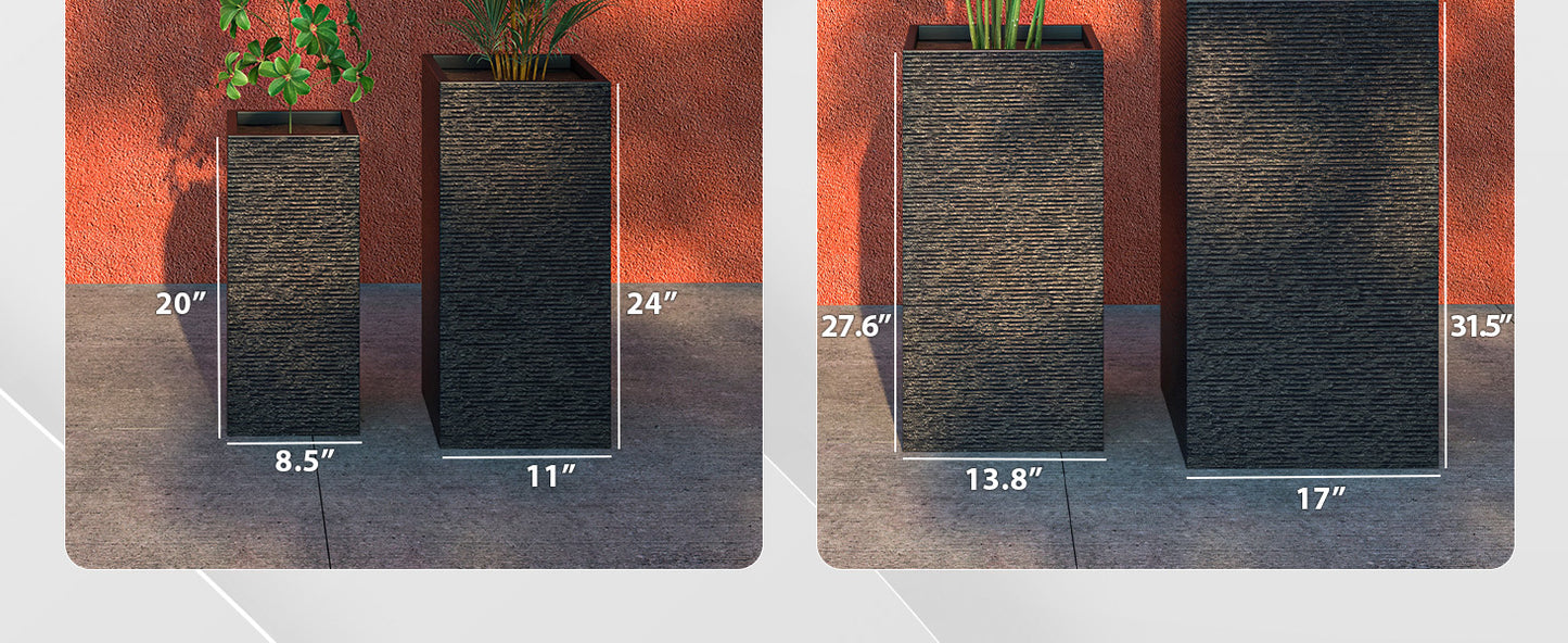 Basalt 4-Piece Fiberstone and MGO Clay Planter Set, Mid-Century Modern Tall Square Planter Pot for Indoor and Outdoor