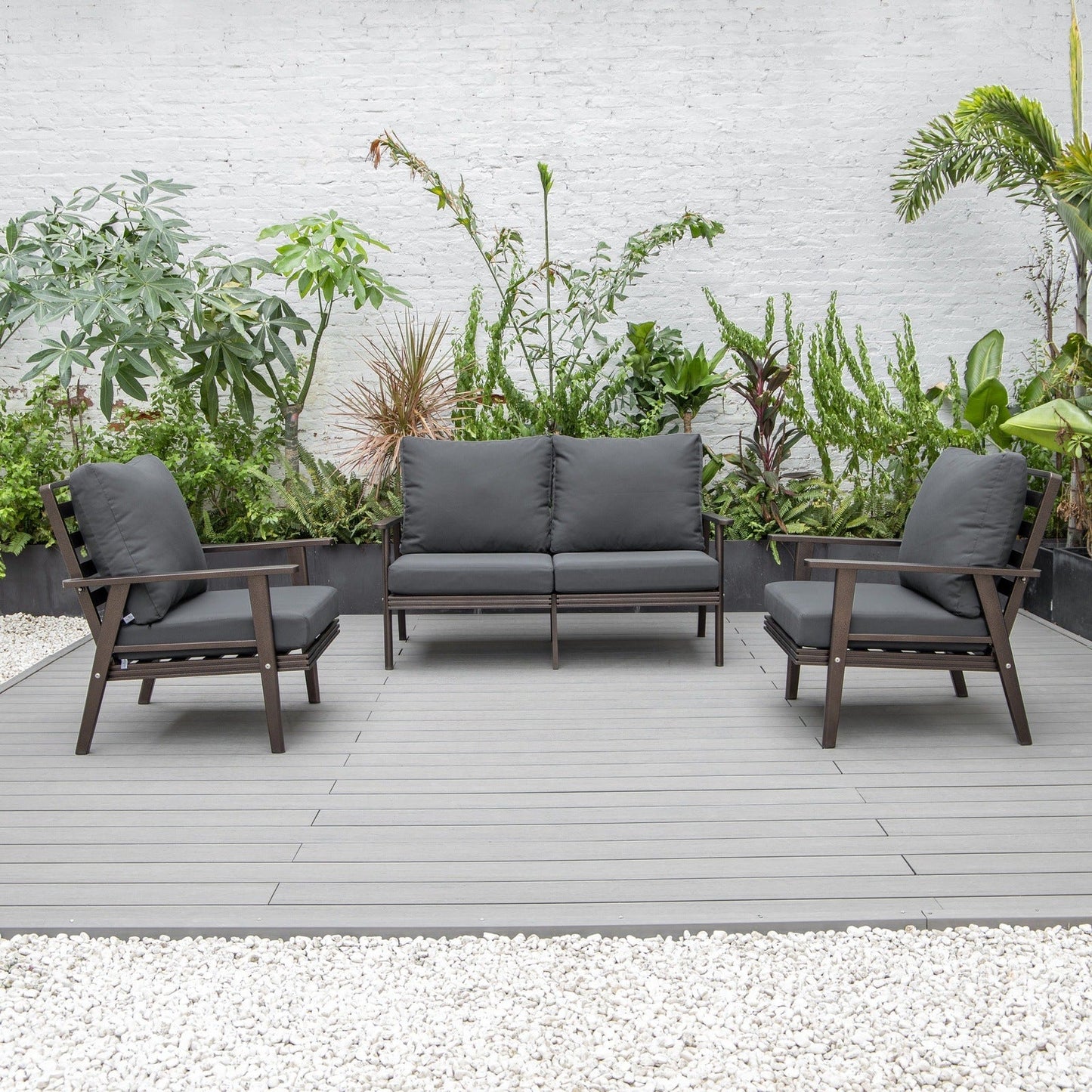 Walbrooke Modern 3-Piece Outdoor Patio Set with Brown Aluminum Frame and Removable Cushions Loveseat and Set of 2 Armchairs