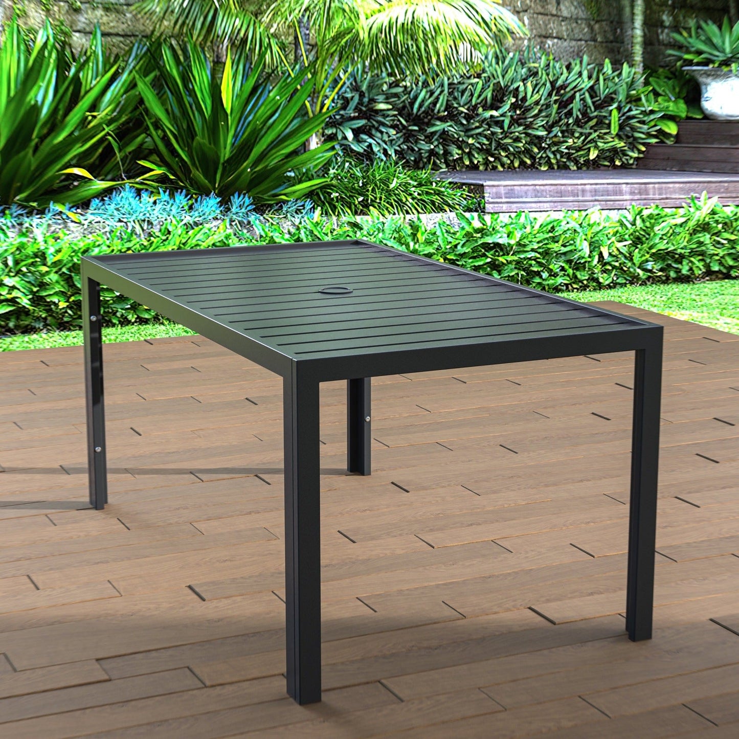 Chelsea Mid-Century Modern 63" & 87" Rectangular Outdoor Dining Table, Black Aluminum