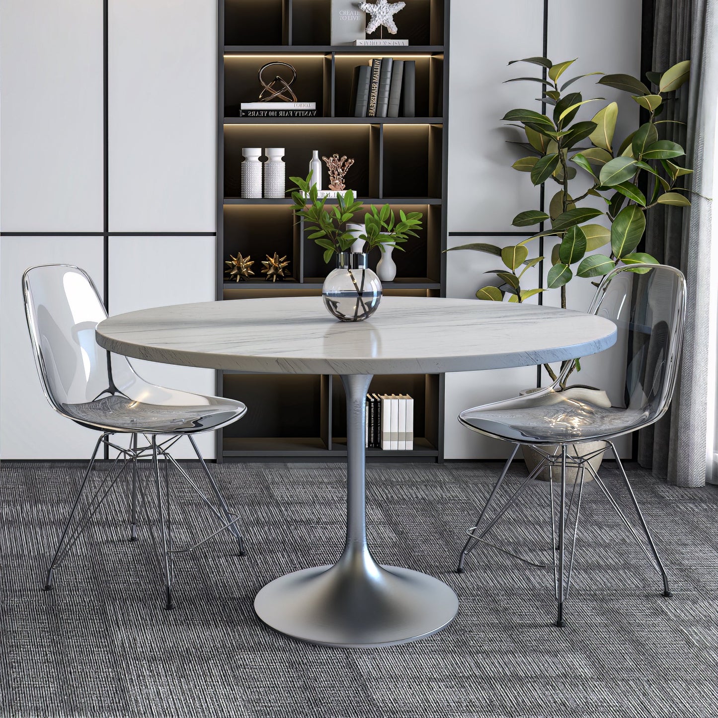 Verve Round Dining Table with MDF/Sintered Stone/Resin Tabletop in Silver Stainless Steel Pedestal Base