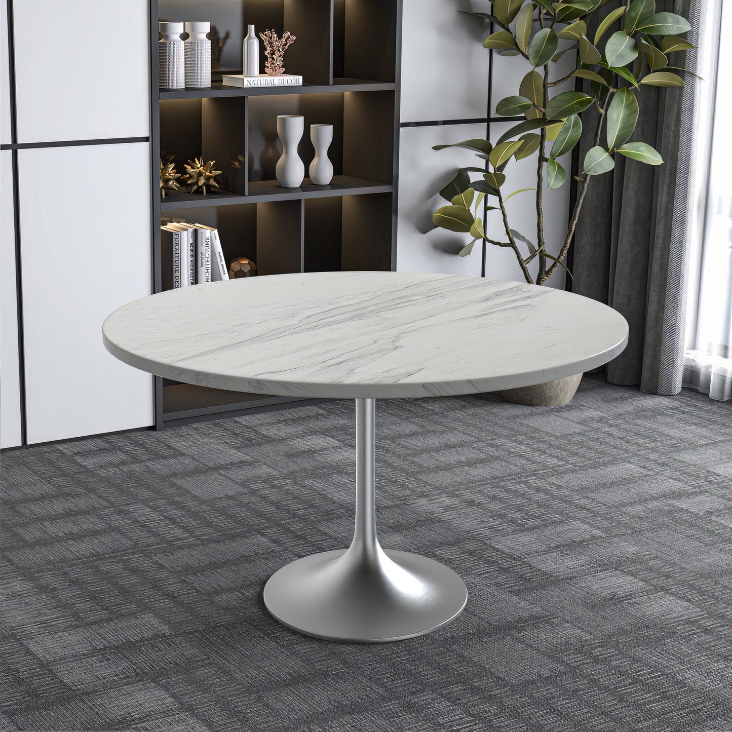 Verve Round Dining Table with MDF/Sintered Stone/Resin Tabletop in Silver Stainless Steel Pedestal Base
