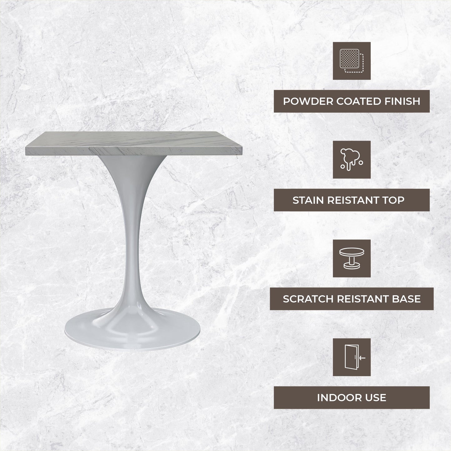 Verve Square Dining Table with a Laminated White Marbleized Tabletop and White Steel Pedestal Base