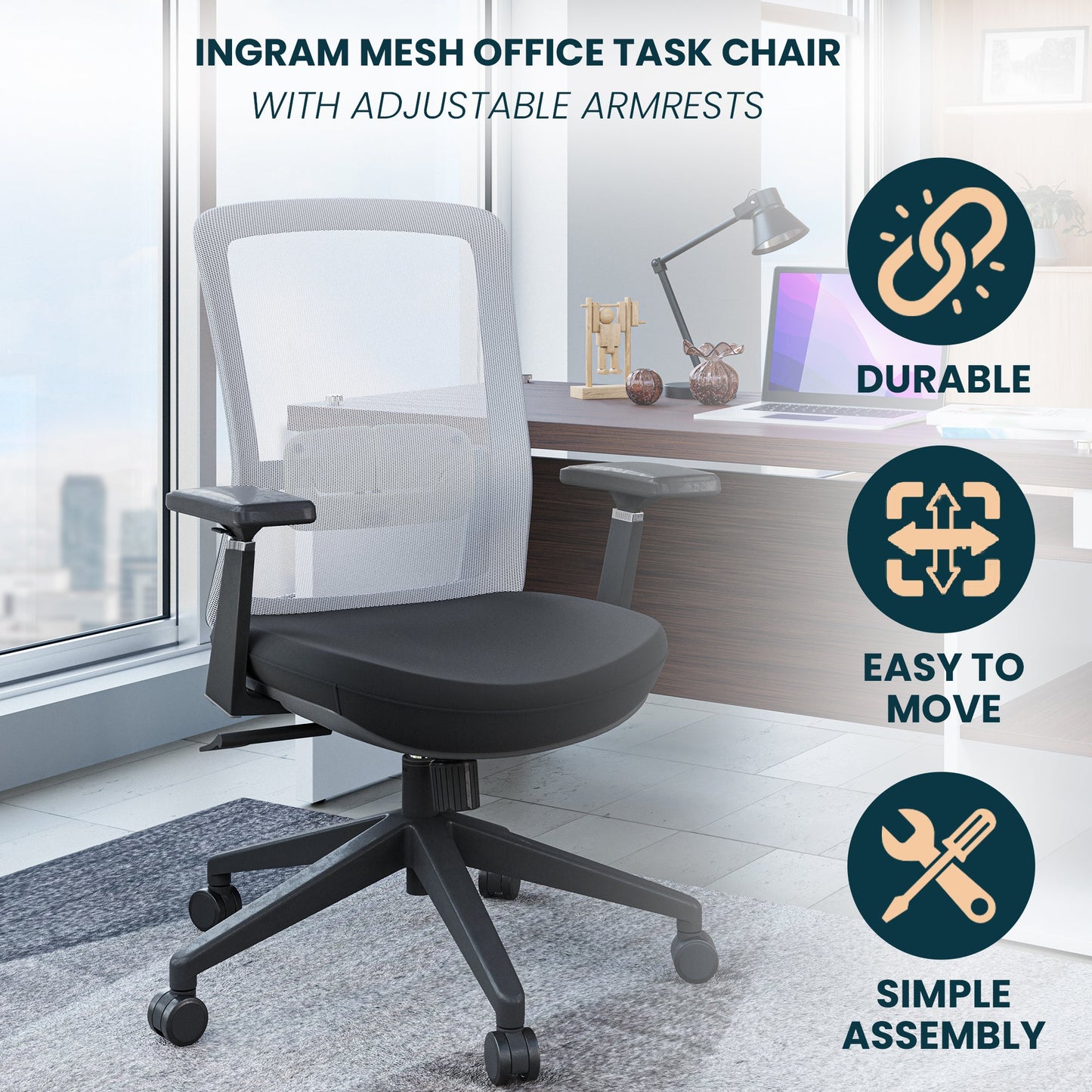Ingram Ergonomic Modern Office Mesh Task Chair With Adjustable Height