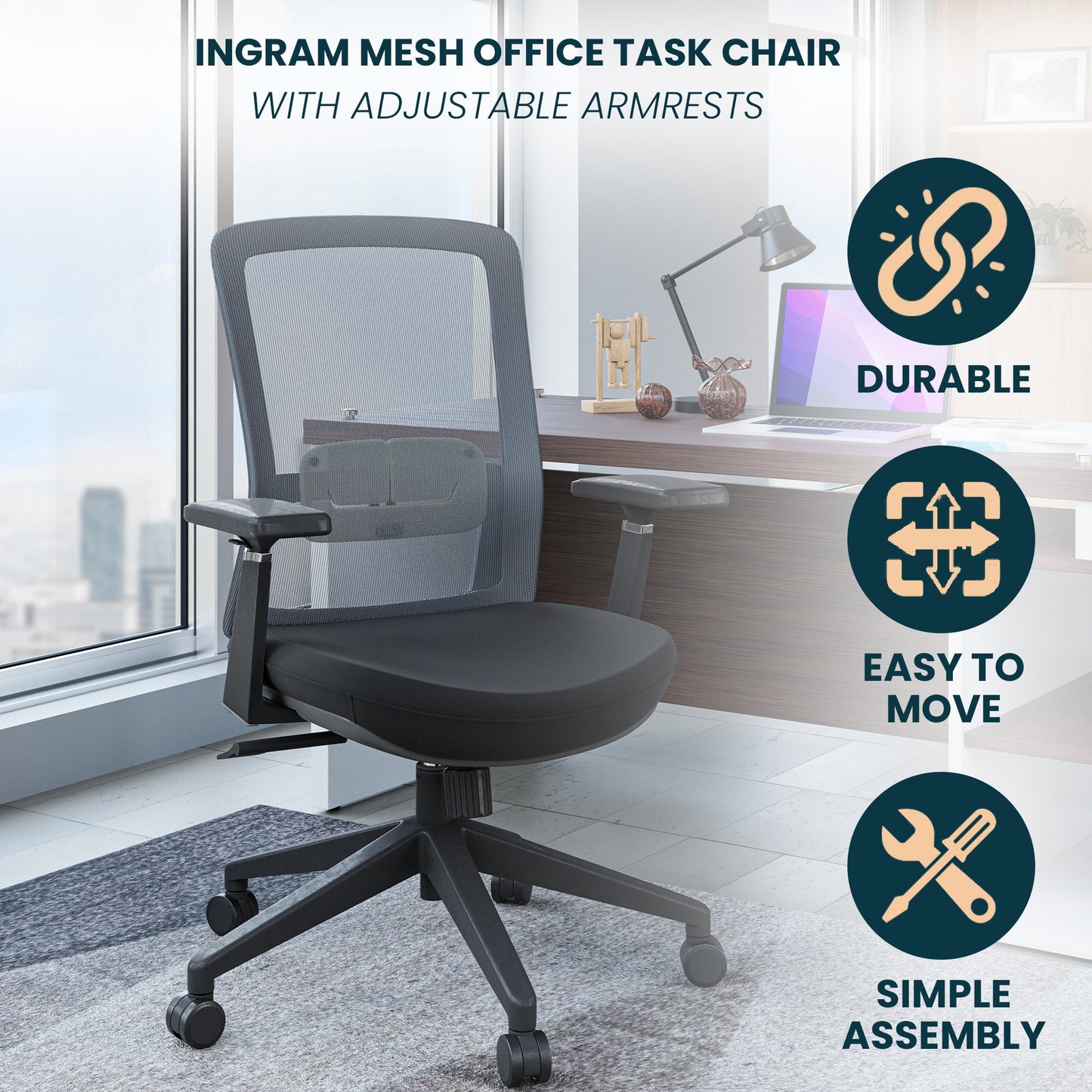Ingram Ergonomic Modern Office Mesh Task Chair With Adjustable Height
