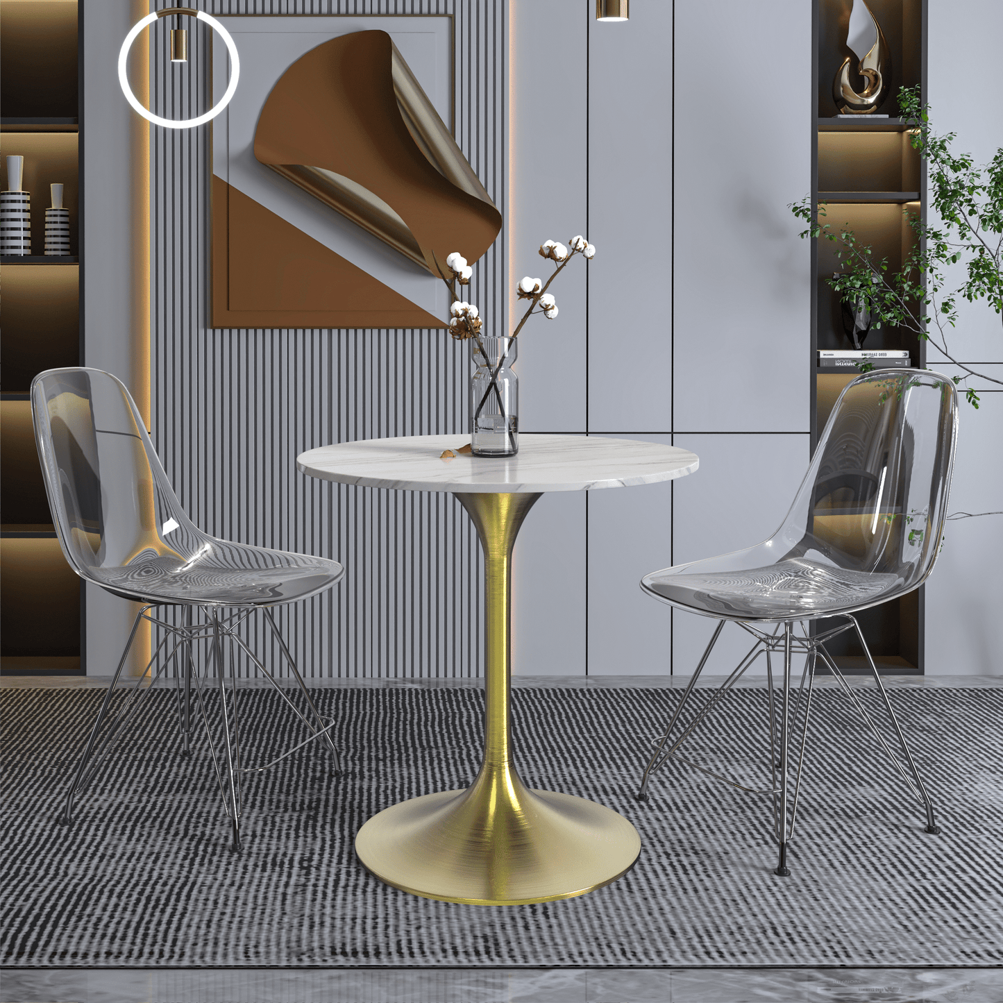Verve Round Dining Table with MDF/Sintered Stone/Resin Tabletop in Gold Stainless Steel Pedestal Base