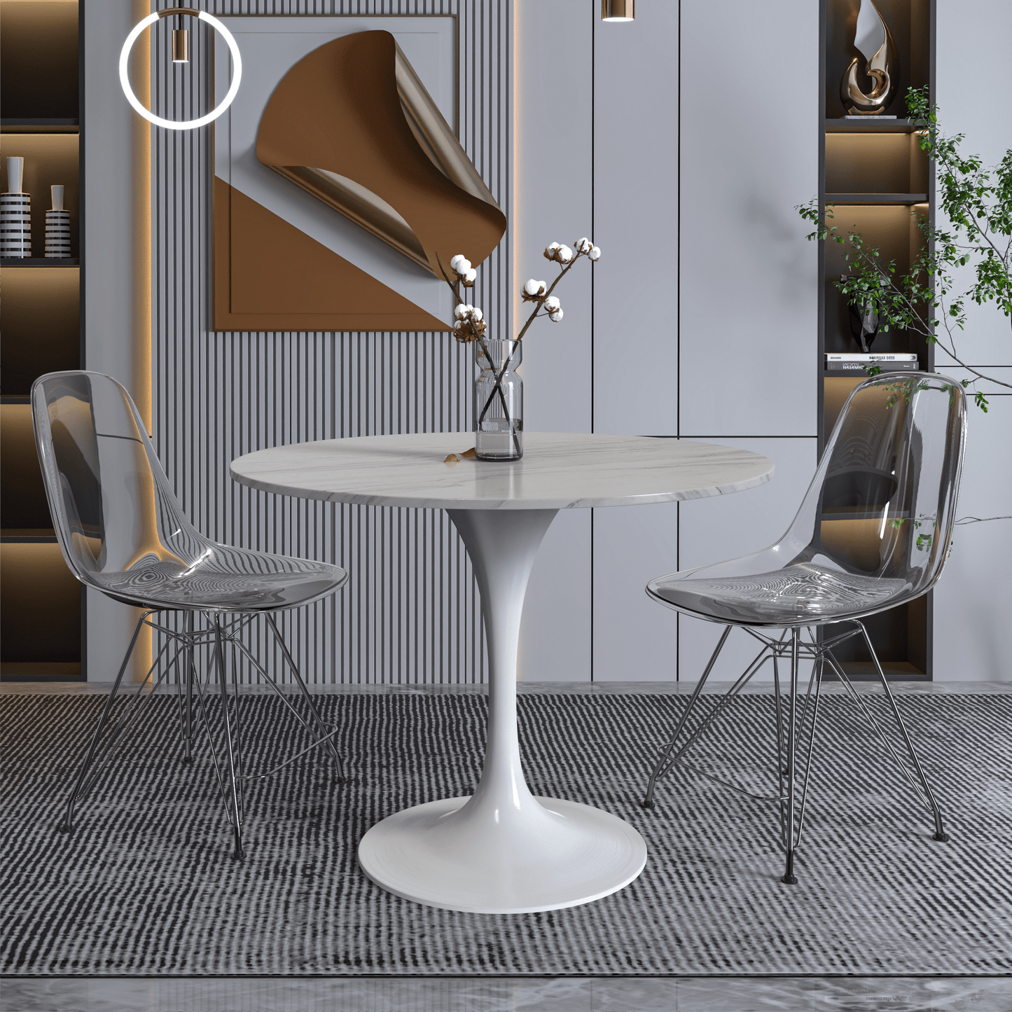 Verve Round Dining Table with MDF/Sintered Stone/Resin Tabletop in White Stainless Steel Pedestal Base