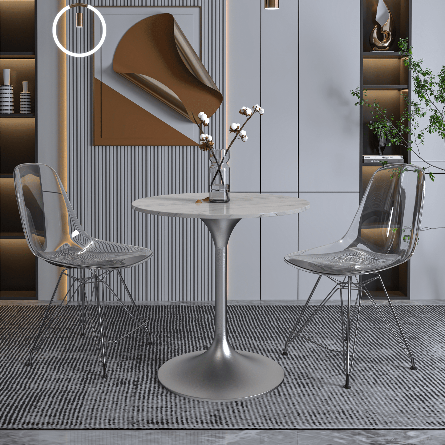 Verve Round Dining Table with MDF/Sintered Stone/Resin Tabletop in Silver Stainless Steel Pedestal Base