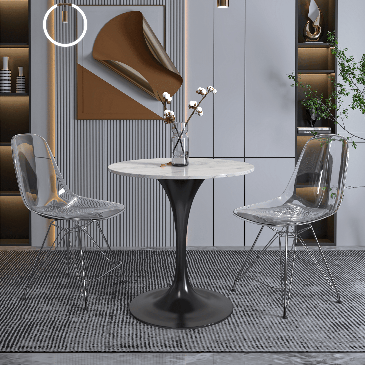 Verve Round Dining Table with MDF/Sintered Stone/Resin Tabletop in Black Stainless Steel Pedestal Base