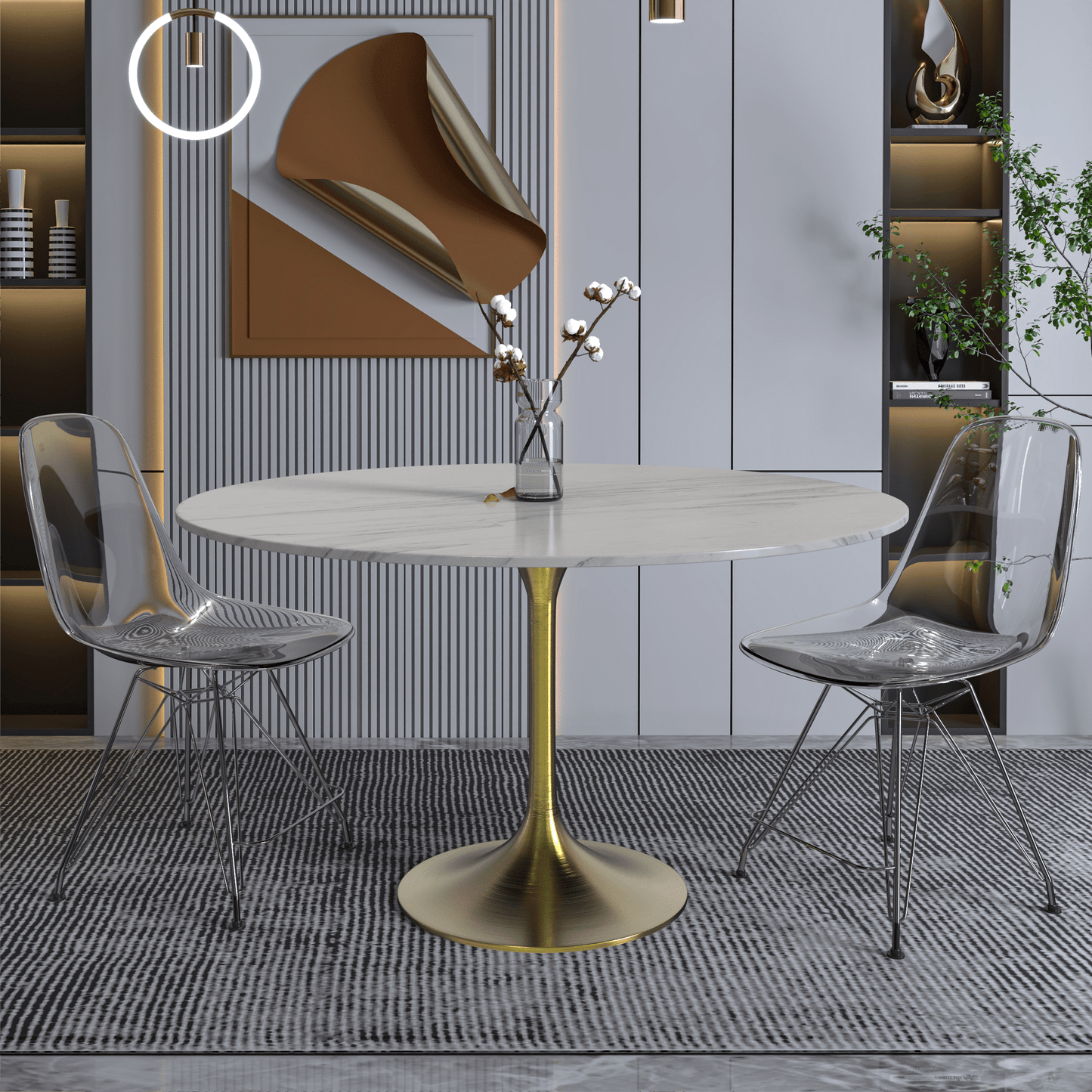 Verve Round Dining Table with MDF/Sintered Stone/Resin Tabletop in Gold Stainless Steel Pedestal Base